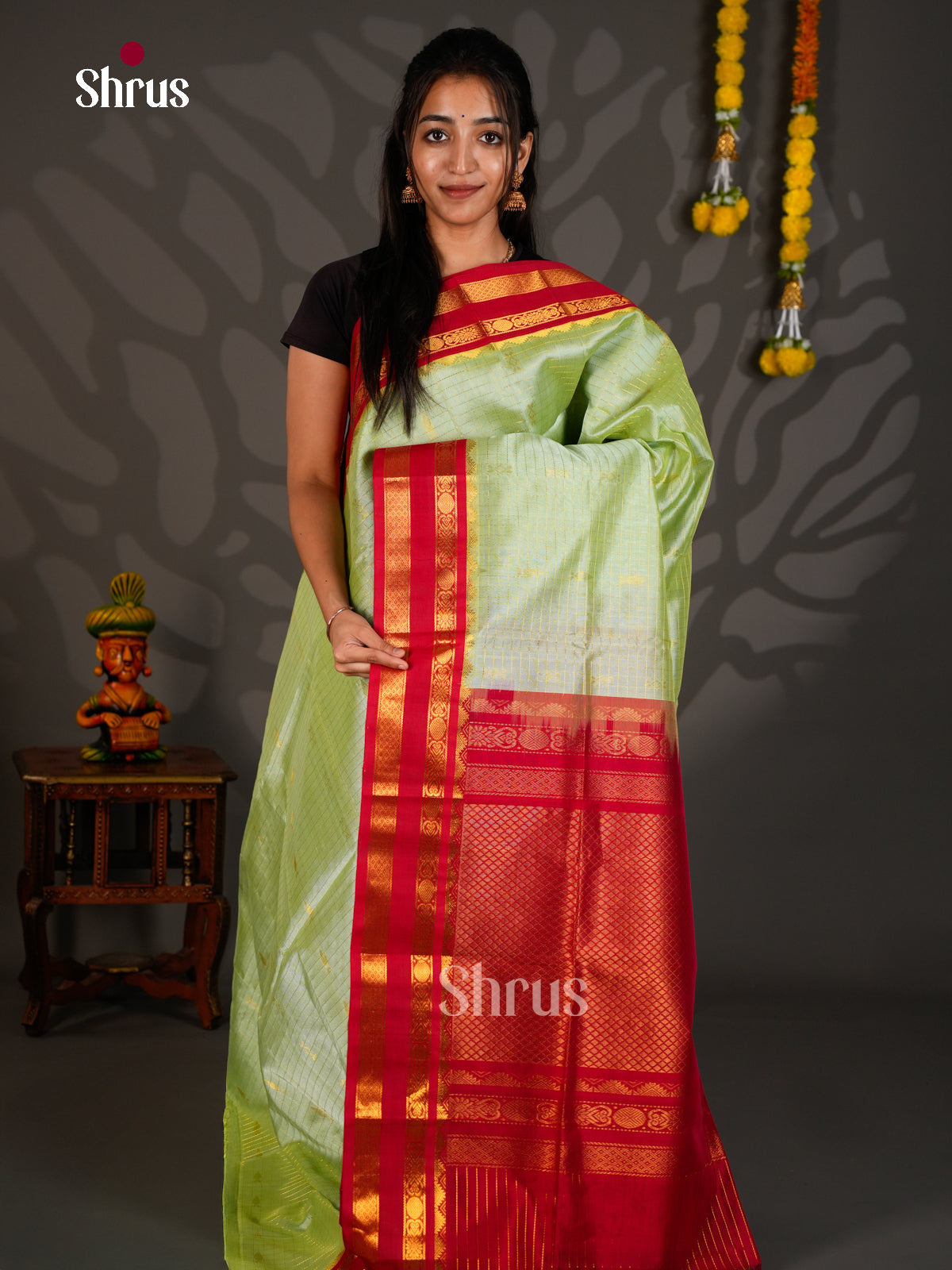 Buy Timeless Pista Green Silk Cotton Saree with Golden Checks, Buttas & Red Rettaipet Border