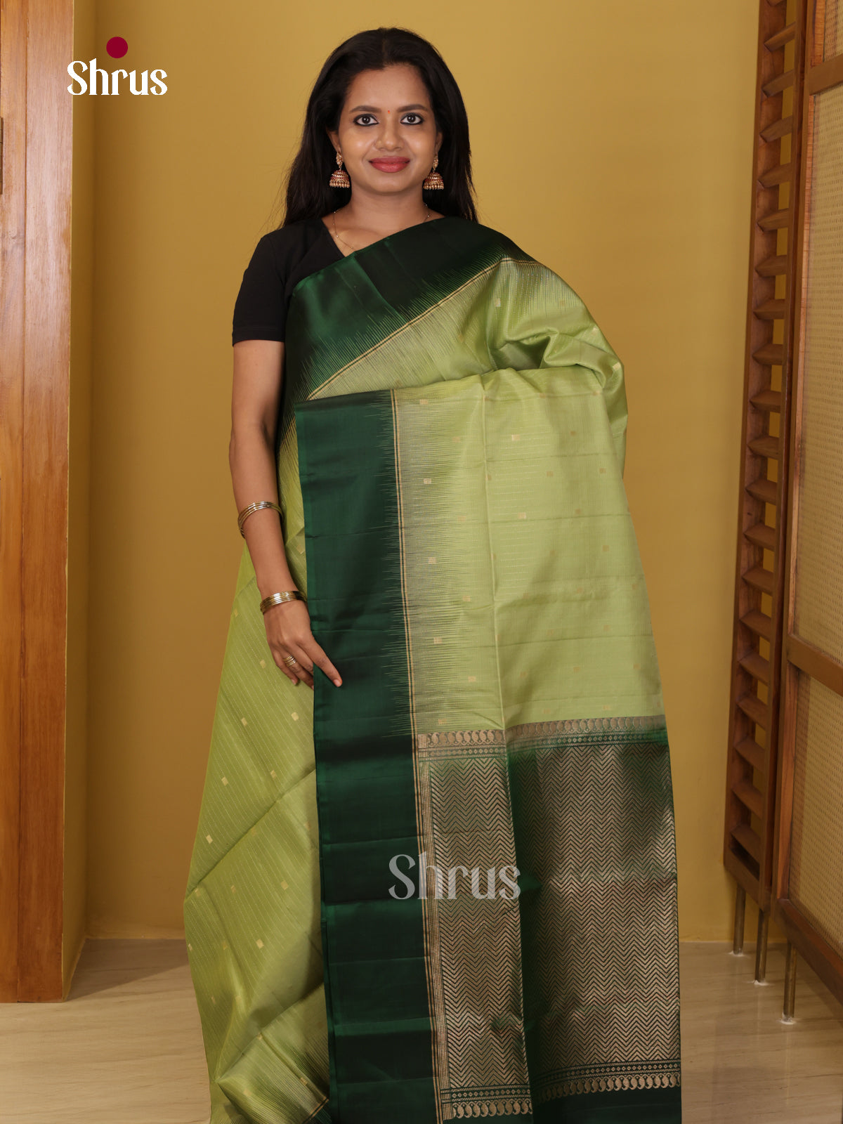 Buy Majestic Pista Green Soft Silk Saree with Gold Buttas, Green Border & Chevron Brocade pallu