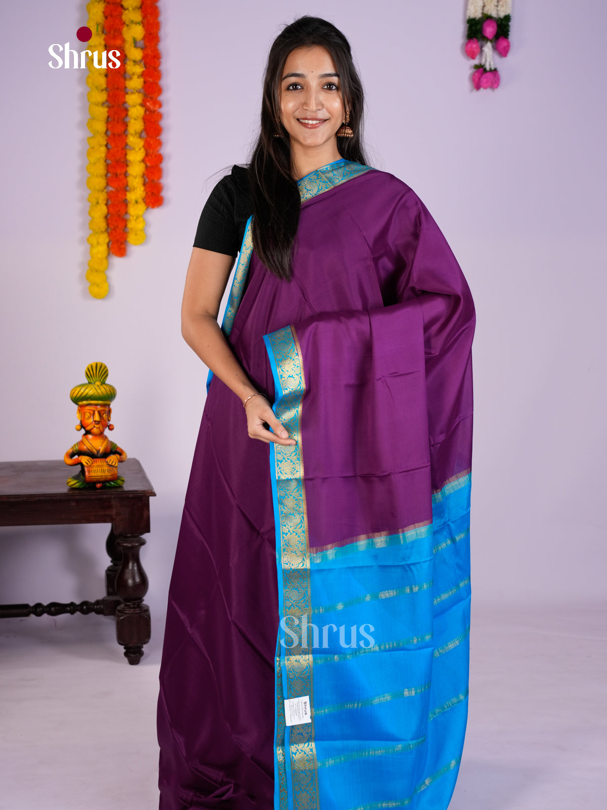 Buy Exquisite Plum Mysore Silk Saree With Sky Blue Zari Border & Traditional Zari Striped Pallu 