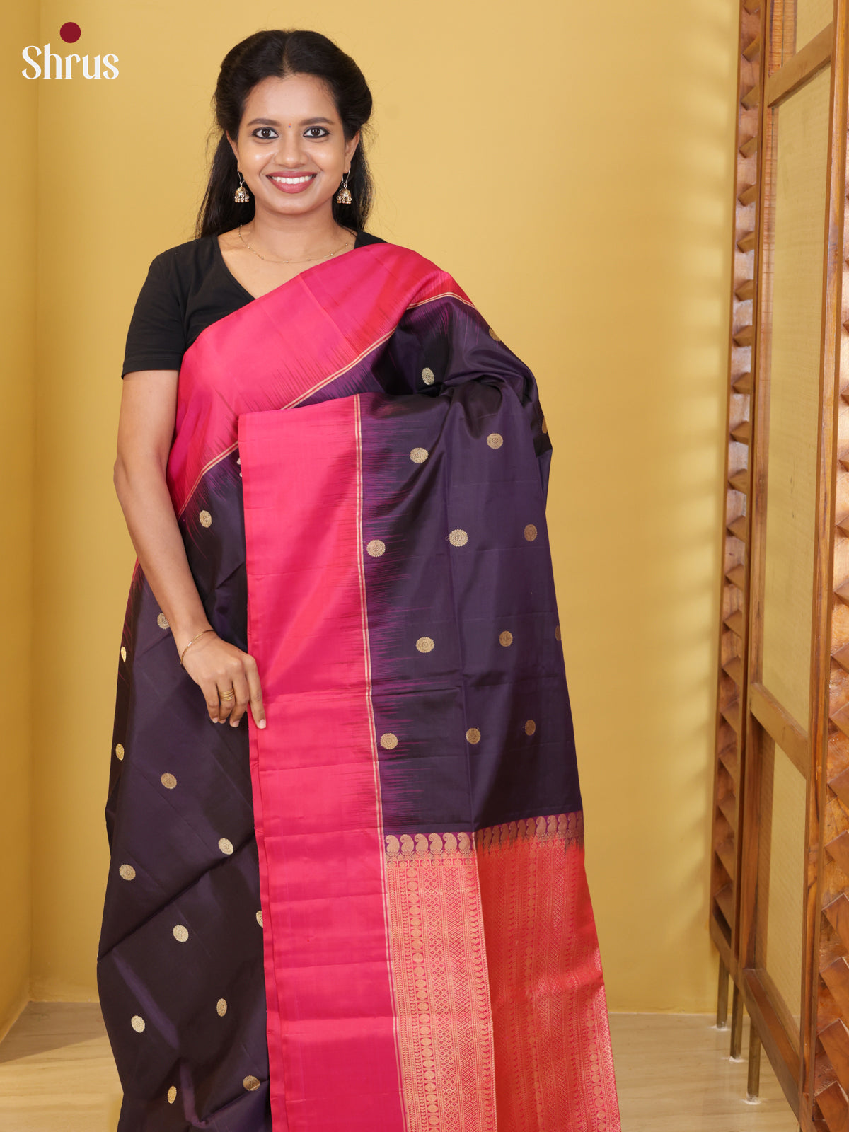 Buy Shimmery Plum Soft Silk Saree With Golden Buttas, Rani Pink Border & Brocade Pallu