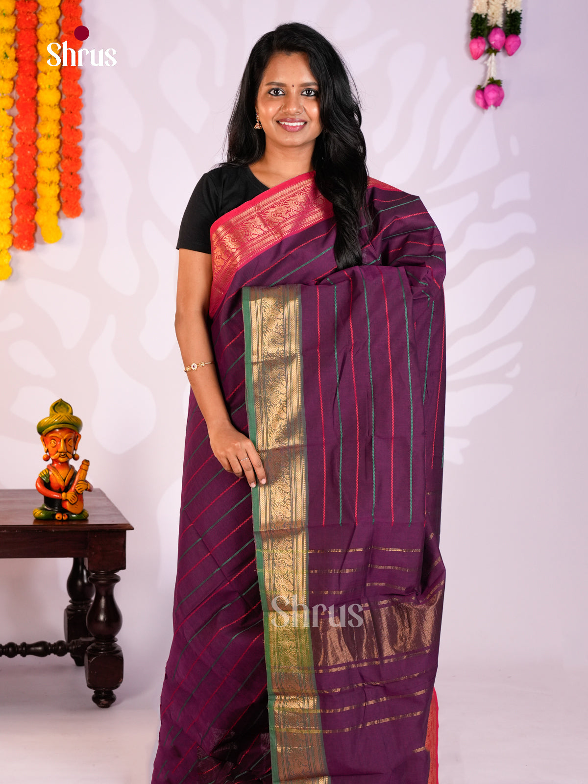Premium Purple Chettinad Cotton Saree With Thread Stripes & Ganga Jamuna Zari Border
