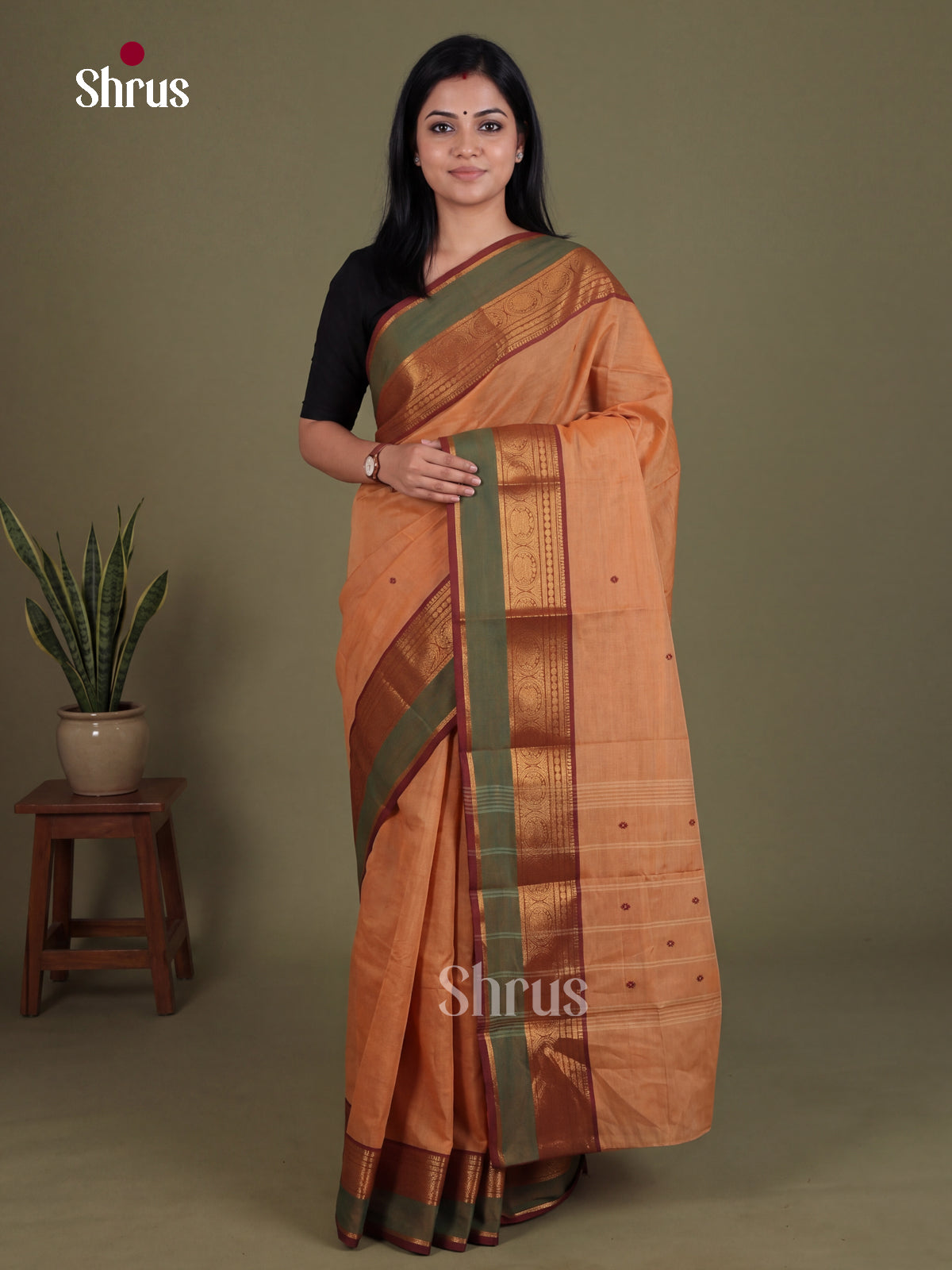 Pretty Apricot Chettinad Cotton Saree With Thread Buttas & Maroon Zari Woven Border