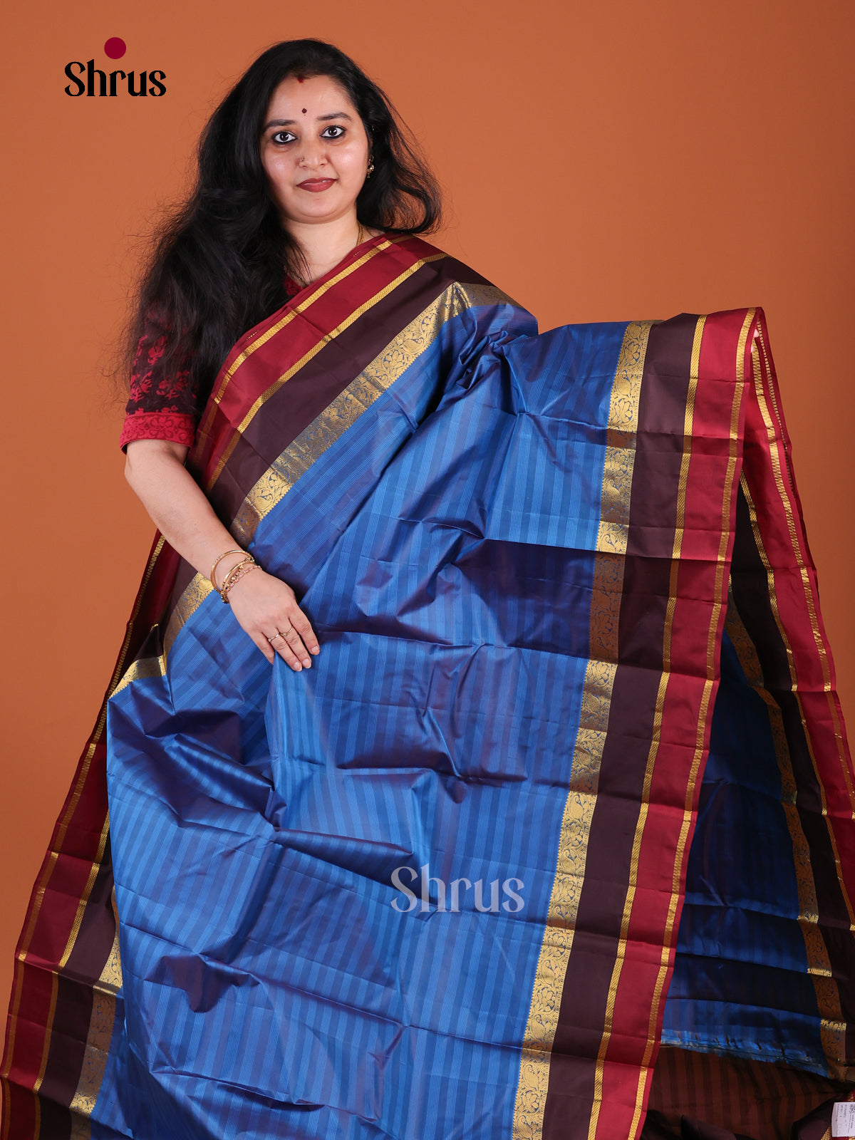 Pretty Blue Kanchipuram Pattu Saree With Self Stripes | Zari Border With Maroon & Brown Bands