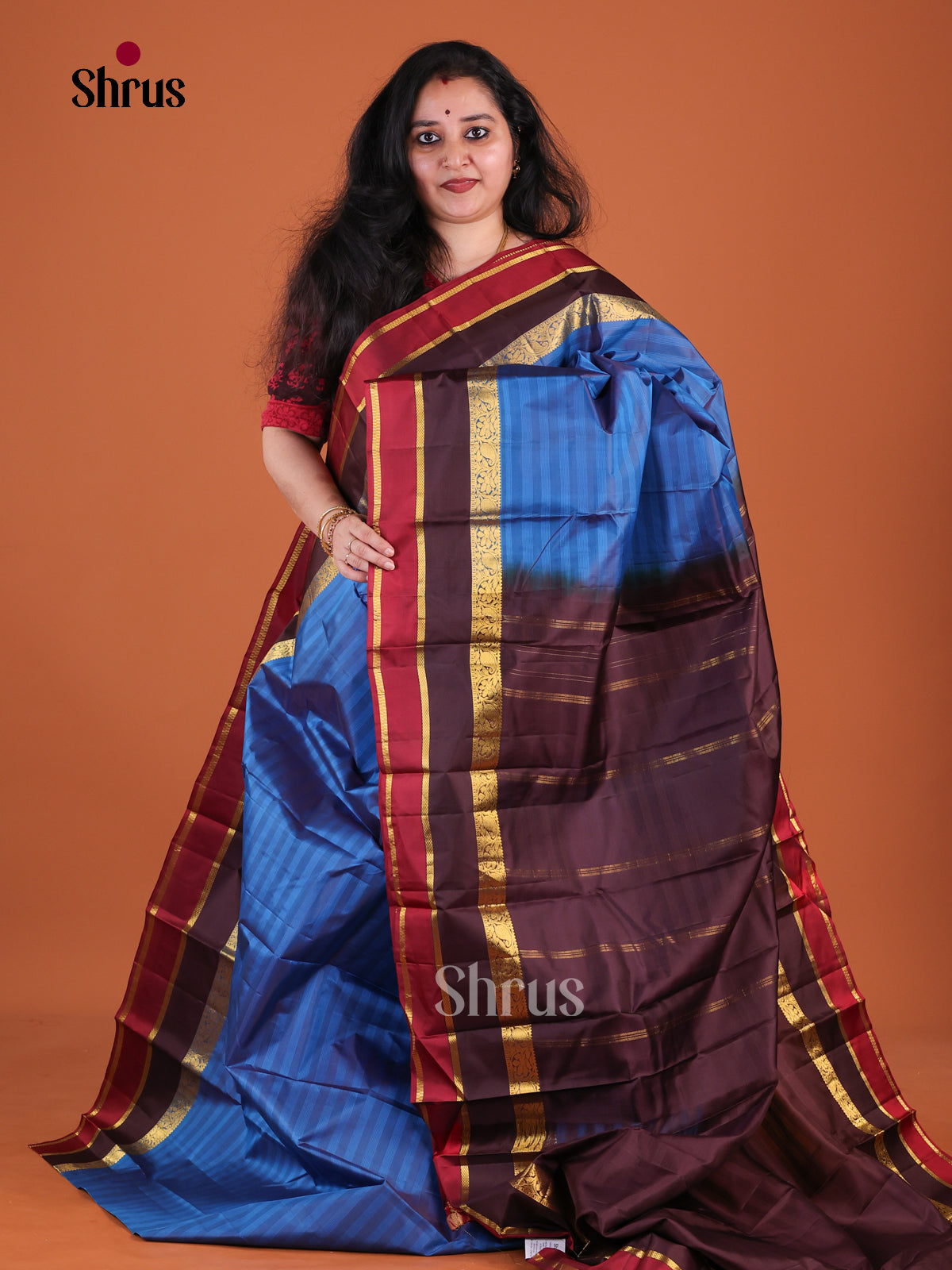 Pretty Blue Kanchipuram Silk Saree With Self Stripes | Zari Border With Maroon & Brown Bands