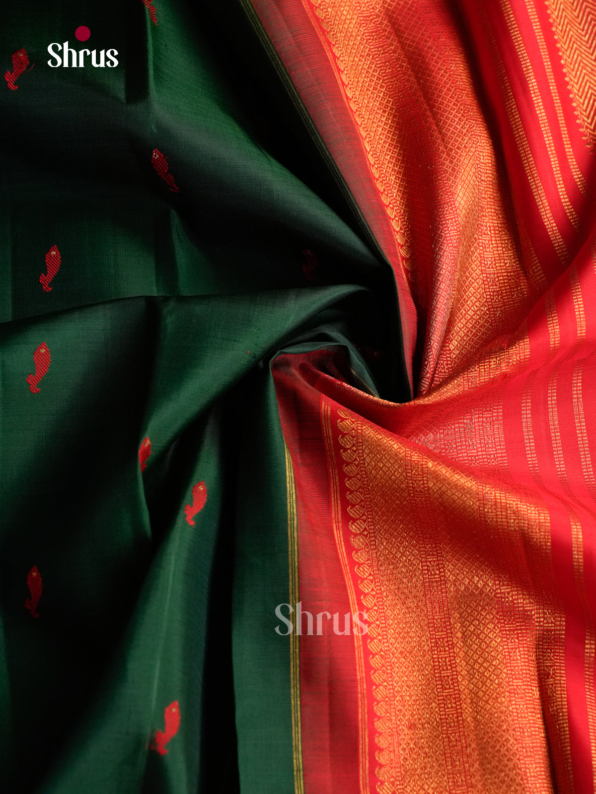 Pretty Bottle Green Pattu Saree With Red Fish Buttas | Red & Orange Zari Border & Brocade Pallu