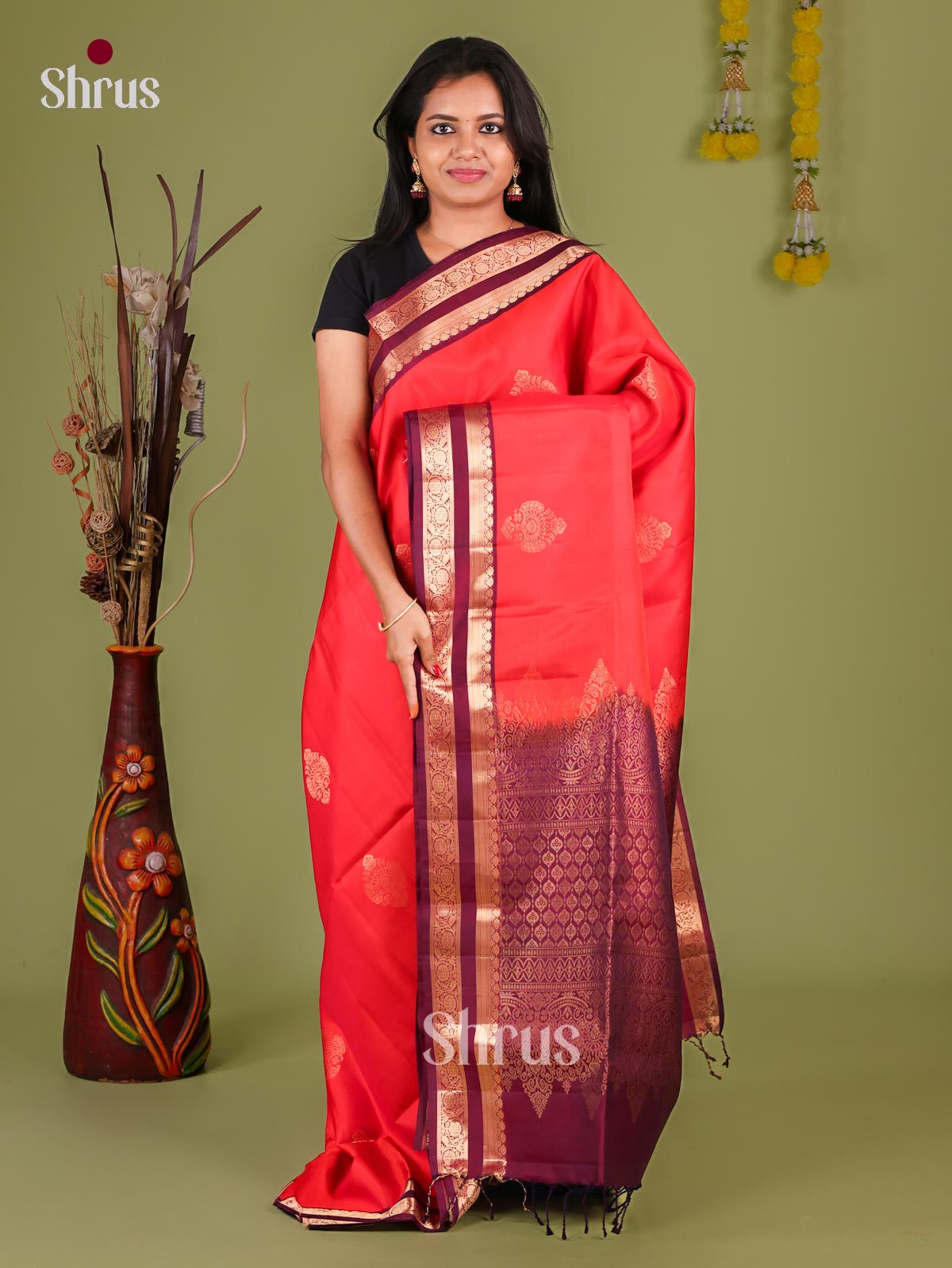 Pretty Coral Red Soft Silk Sarees With Floral Motifs, Wine Purple Rettapet Zari Border & Geometric Patterned Pallu