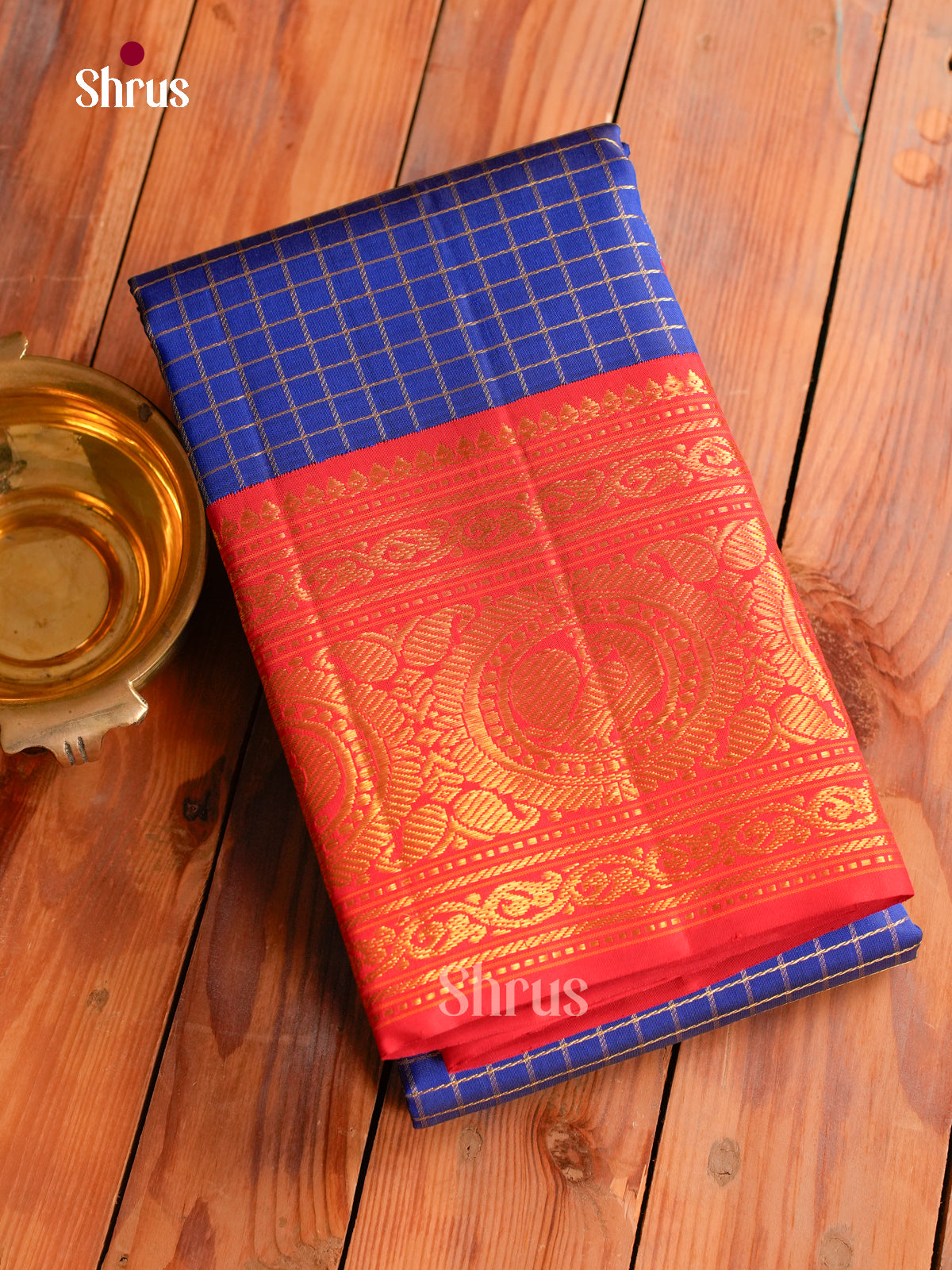 Pretty Dark Blue Kanchipuram Saree With Intricate Checks | Red Broad Border With Zari Bands