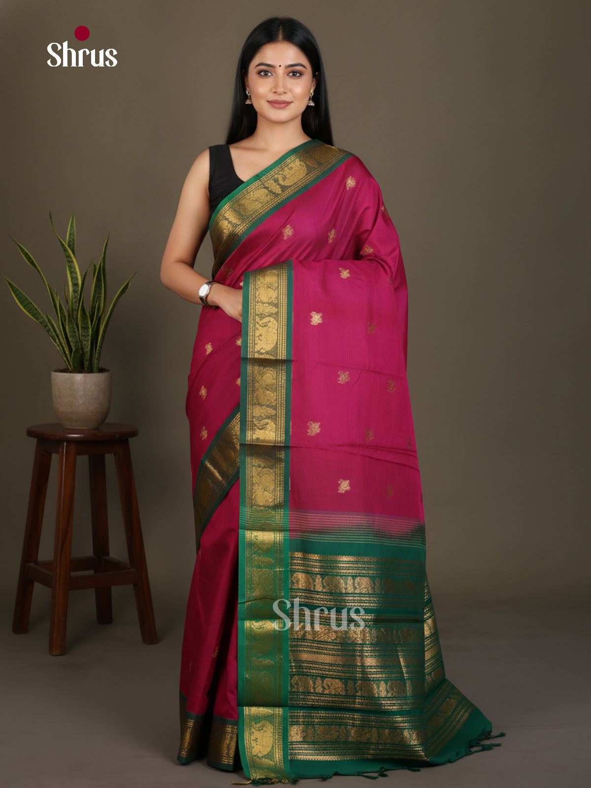 Pretty Dark Pink Chettinad Cotton Saree With Gold Buttas & Green Zari Border