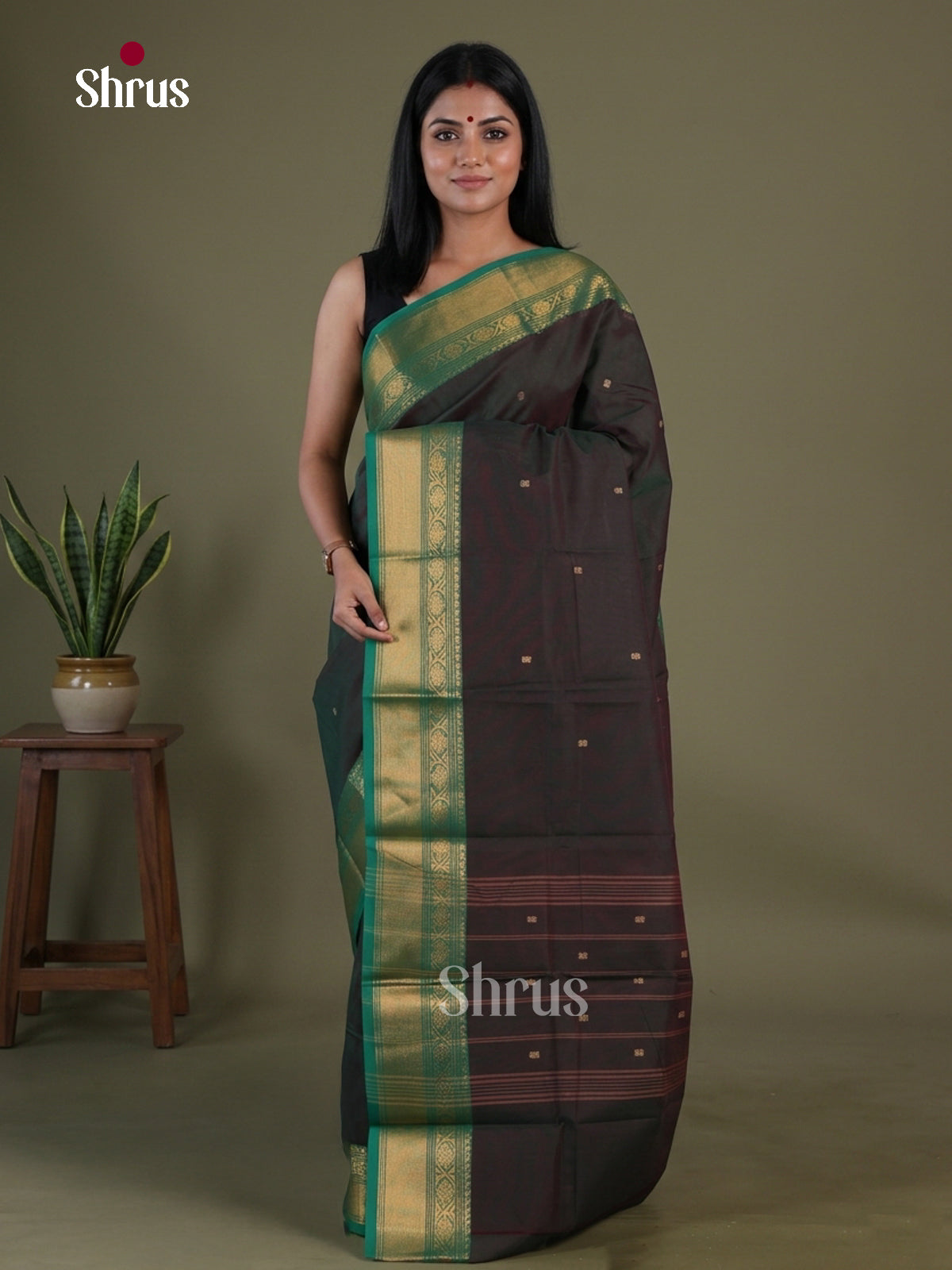 Pretty Dual Tone Brown Chettinad Cotton Saree With Thread Buttas & Green Zari Border
