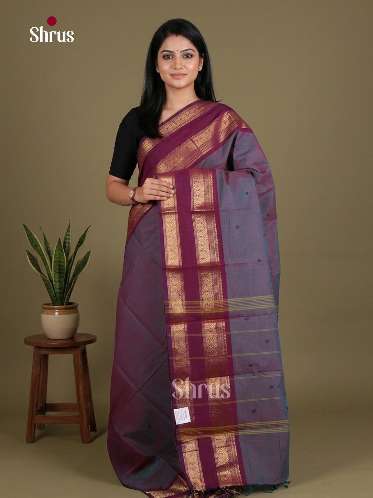 Pretty Dual Tone Purple Chettinad Cotton Saree With Thread Buttas & Magenta Rettapet Zari Border