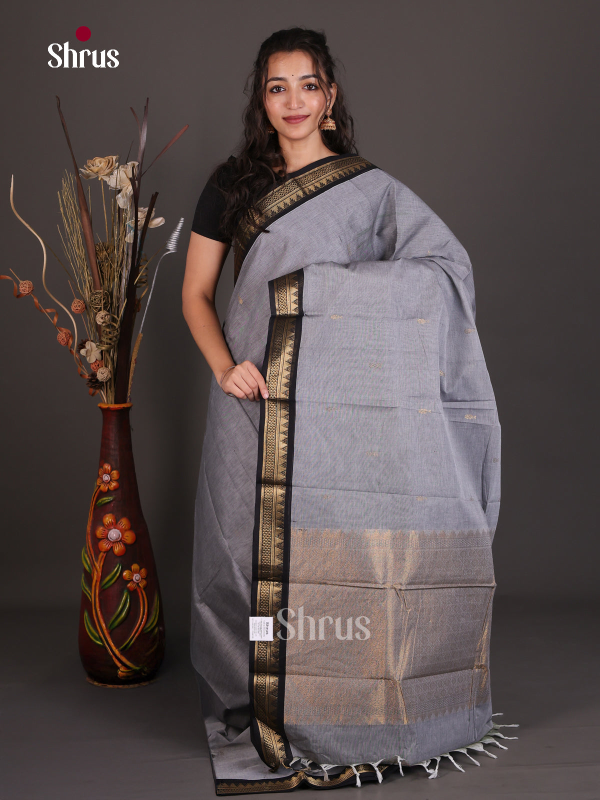 Pretty Grey Chettinad Cotton Saree With Small Buttas & Black Temple Zari Border