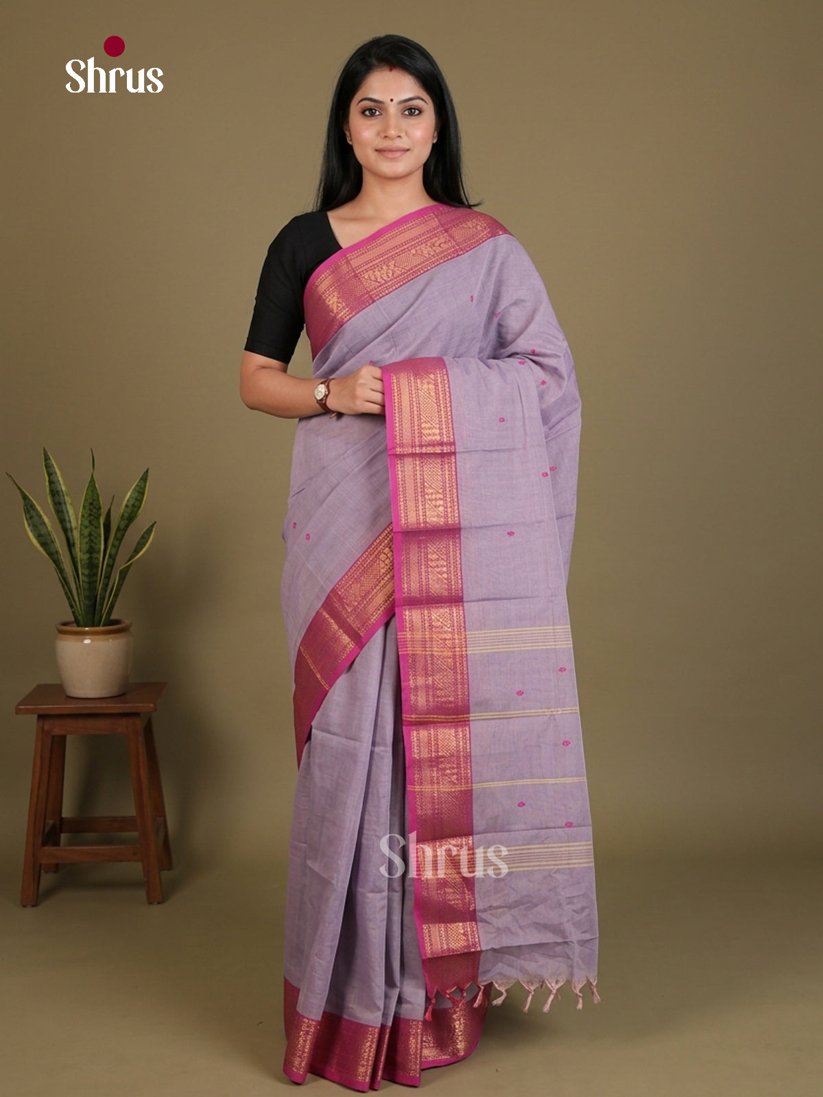 Pretty Lavender Chettinad Cotton Saree With Small Thread Buttas & Pink Zari Border
