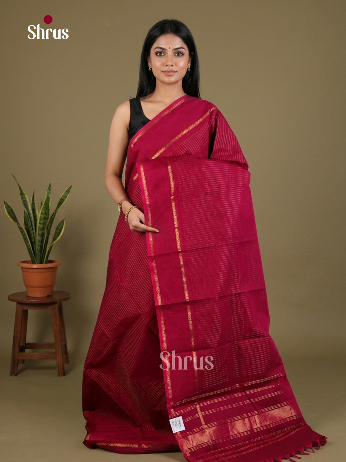Pretty Magenta Chettinad Cotton Saree With Gold Stripes & Rettapet Zari Border & Pallu