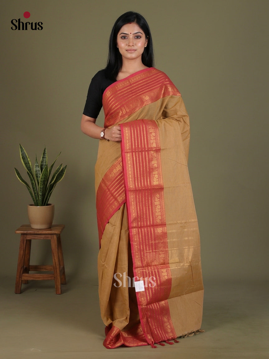 Pretty Mustard Beige Chettinad Saree With Plain Body, Pink Zari Striped Border & Chit pallu