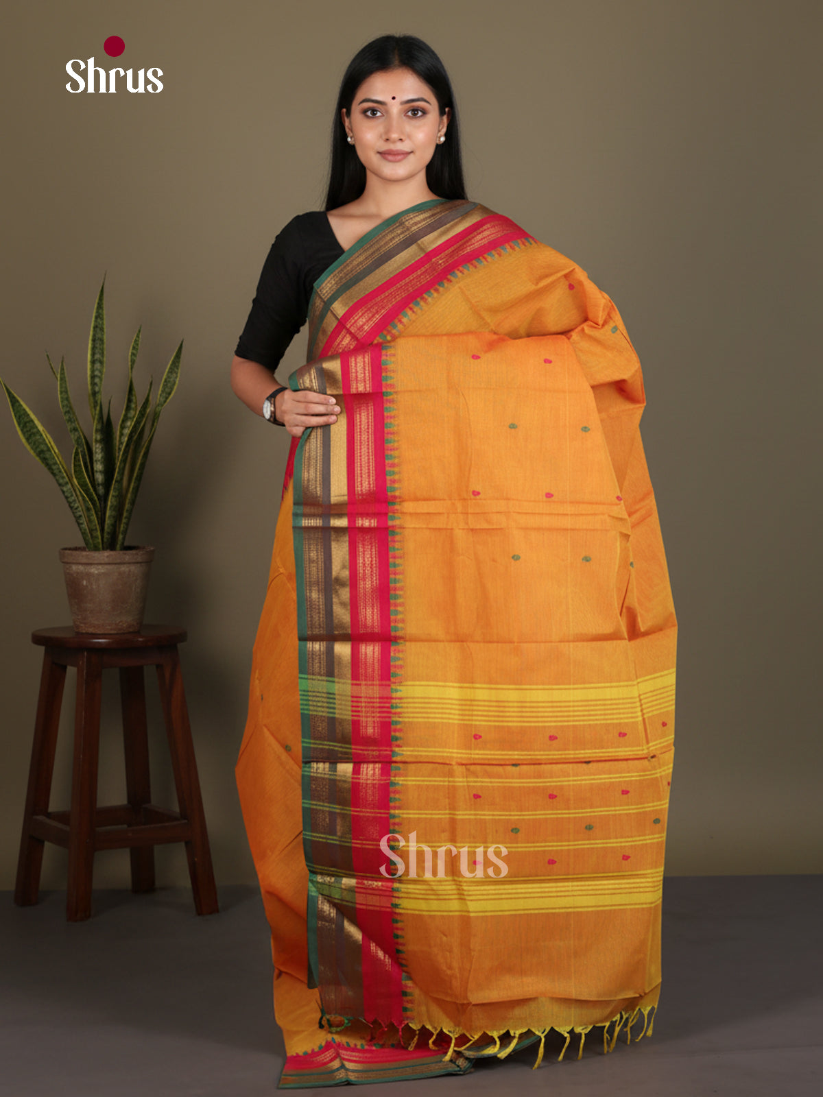 Pretty Mustard Chettinad Cotton Saree With Thread Buttas, Green & Red Temple Zari Border