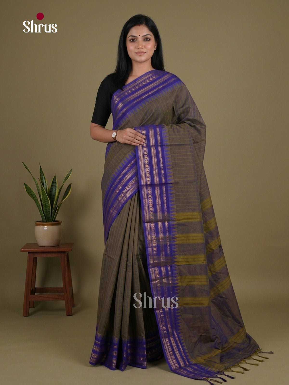 Pretty Olive Brown Chettinad Cotton Saree With Horizontal Lines & Royal Blue Zari Striped Border