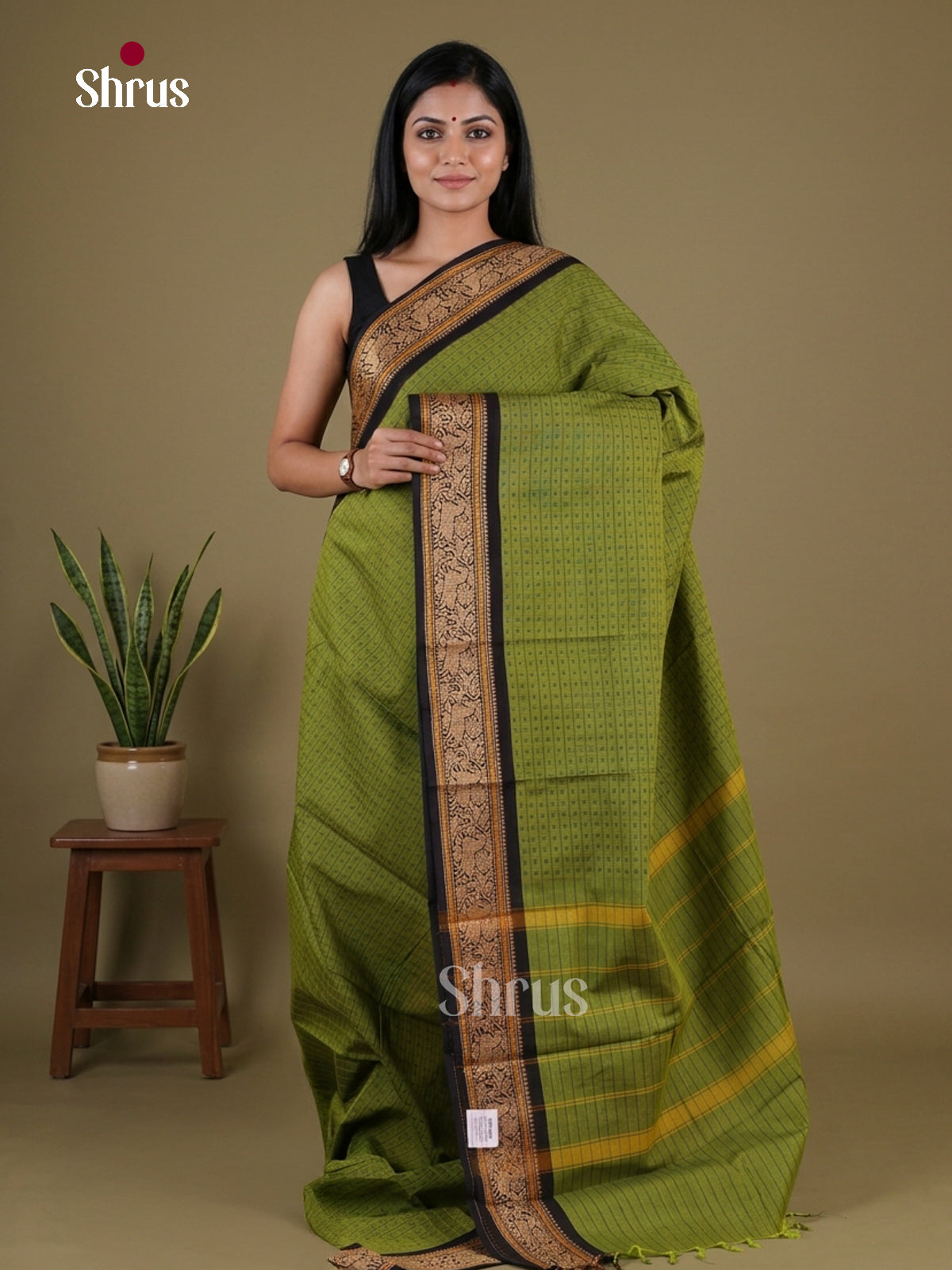Pretty Olive Green Chettinad Cotton Saree With Checks, Micro Buttas & Black Temple Border