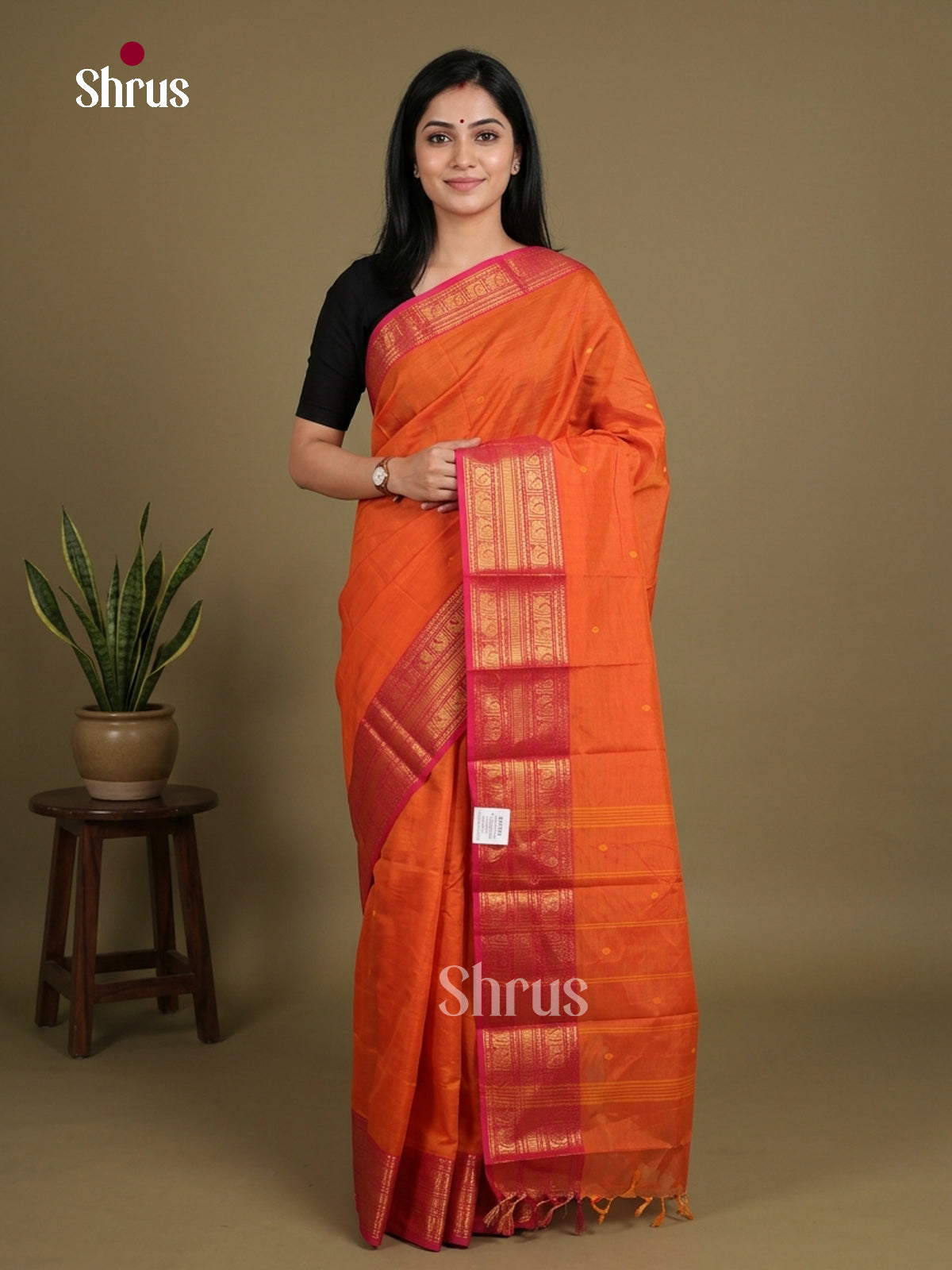 Pretty Orange Chettinad Cotton Saree With Small Buttas & Pink Zari Border
