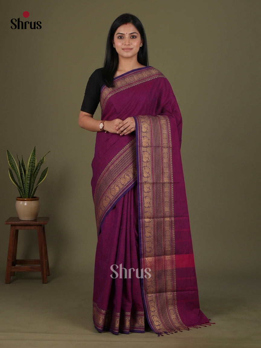 Pretty Purple Chettinad Cotton Saree With Self Stripes, Violet Broad Zari Border & Chit Pallu