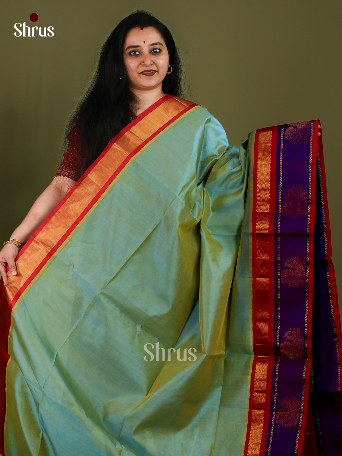 Pretty Teal Green Cotton Silk Saree With Plain Body, Red Rettapet Zari Border & Traditional Pallu 1