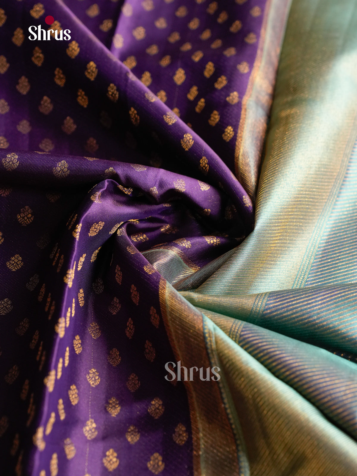 Pretty Violet Pattu Saree With Floral Buttas & Turquoise Border With Floral Vines