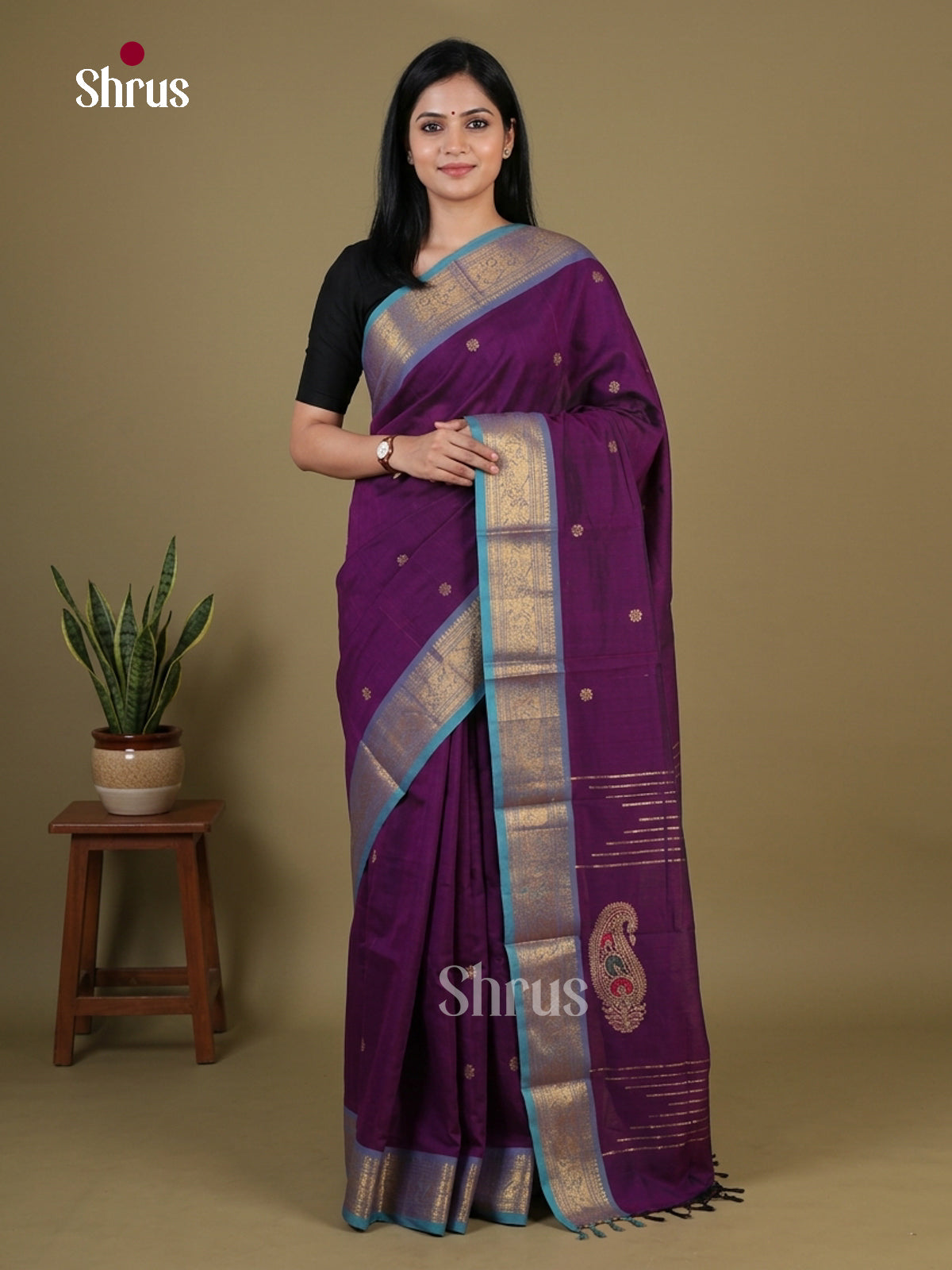 Pretty Wine Purple Chettinad Sarees With Buttas, Blue Zari Border & Paisley Zari Motifs Pallu
