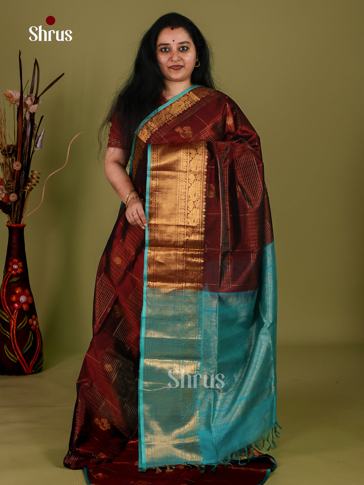 Pristine Maroon Cotton Silk Saree With Golden Checks, Buttas, Temple Zari Border & Aqua Blue Brocade Pallu