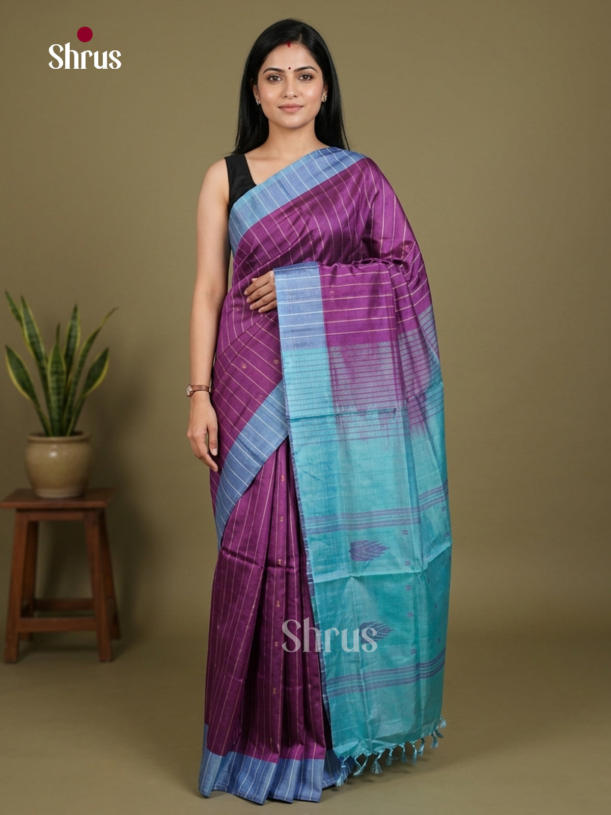 Buy Ethnic Purple Banana Pith Saree With Golden Stripes, Blue Border & Traditional Pallu