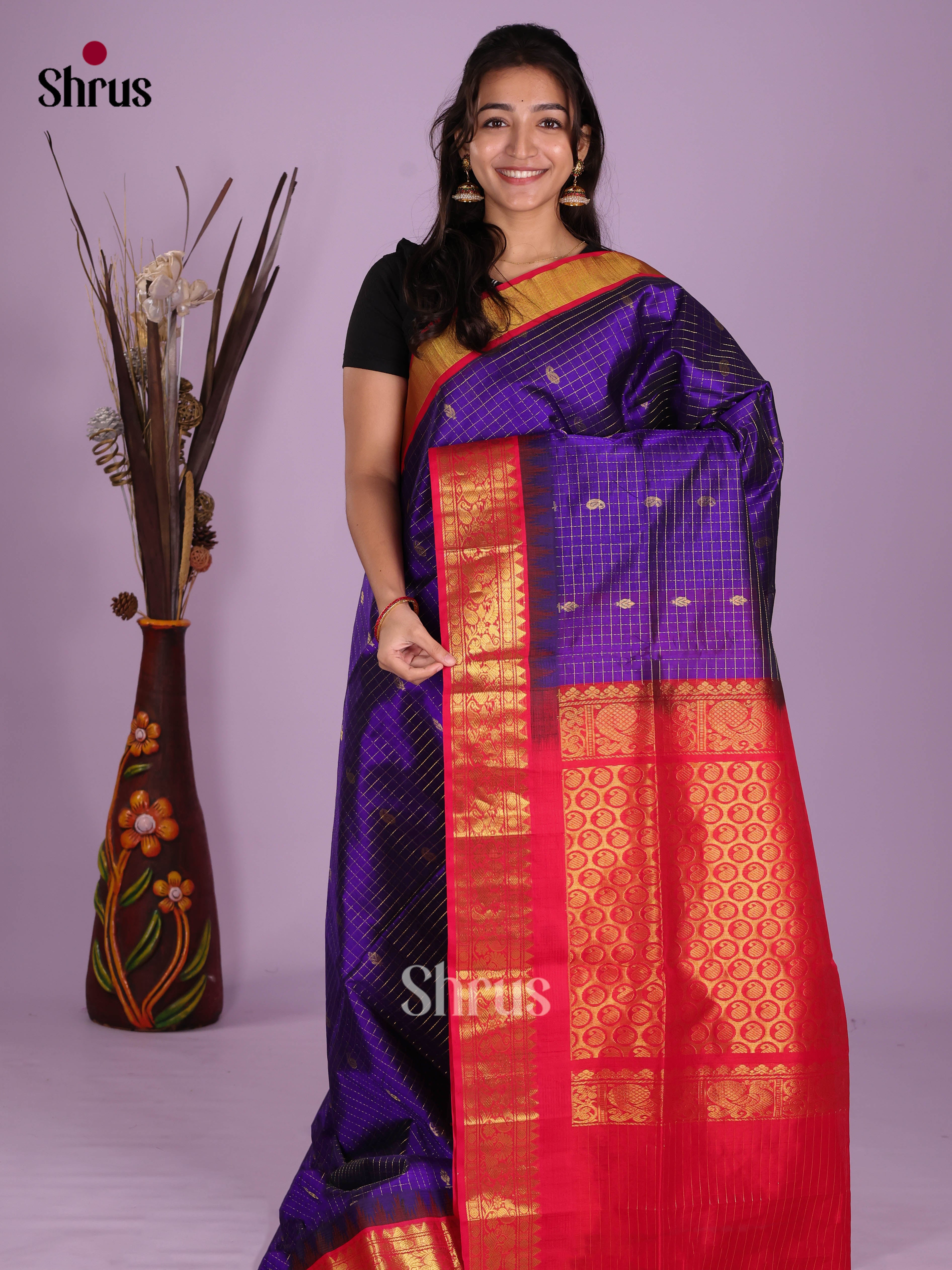 Buy Opulent Purple Checkered Cotton Silk Saree With Gold Buttas, Red Border & Brocade Pallu