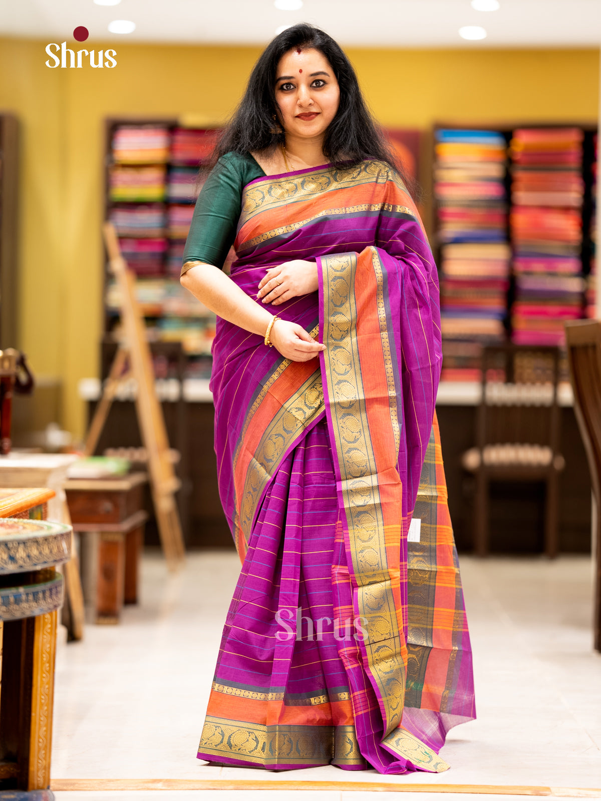 Timeless Purple Chettinad Cotton Saree With Stripes & Orange Zari Border With Peacock Buttas
