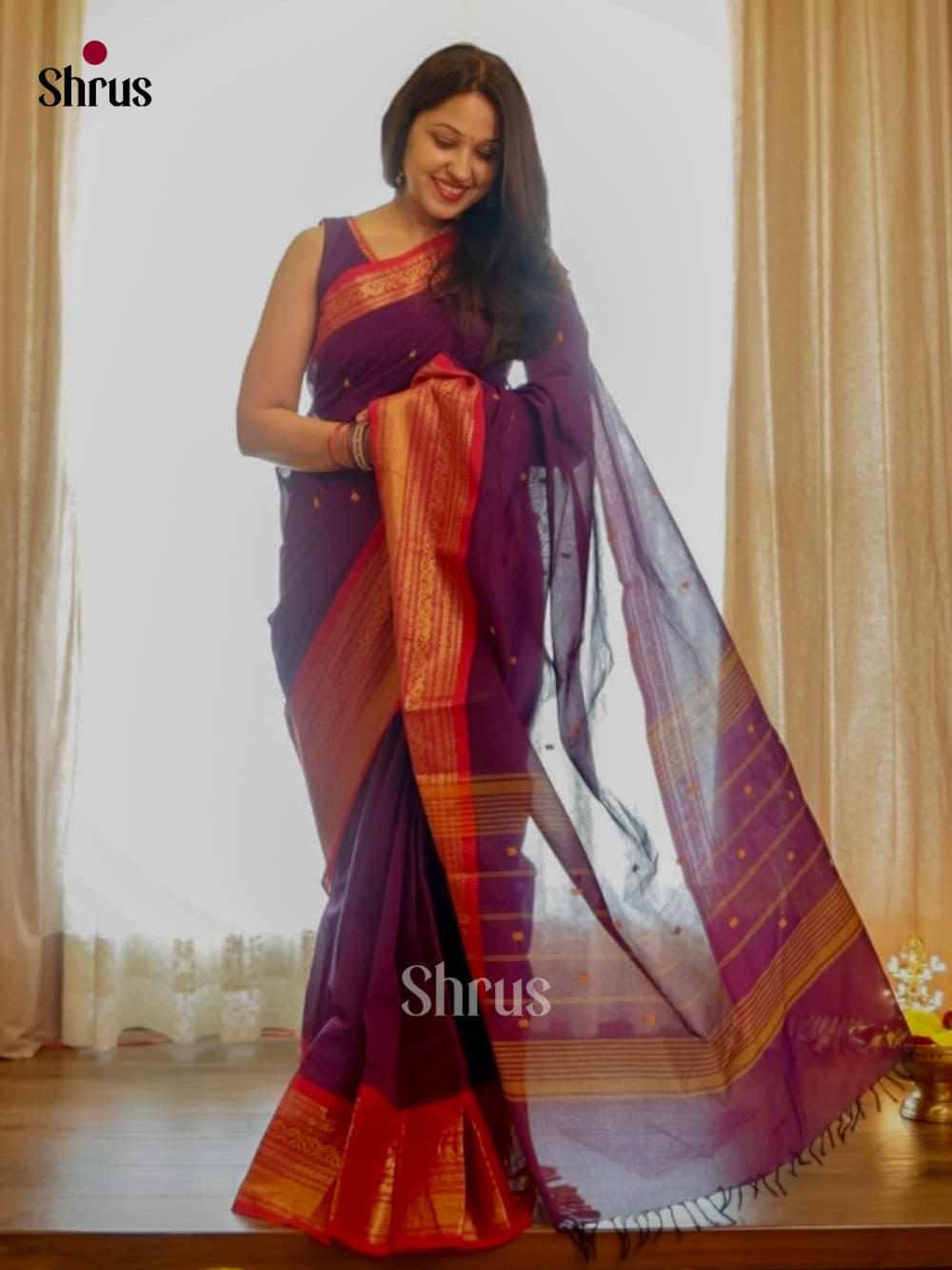 Beautiful Purple Chettinad Cotton Saree With Thread Woven Buttas & Red Zari Border