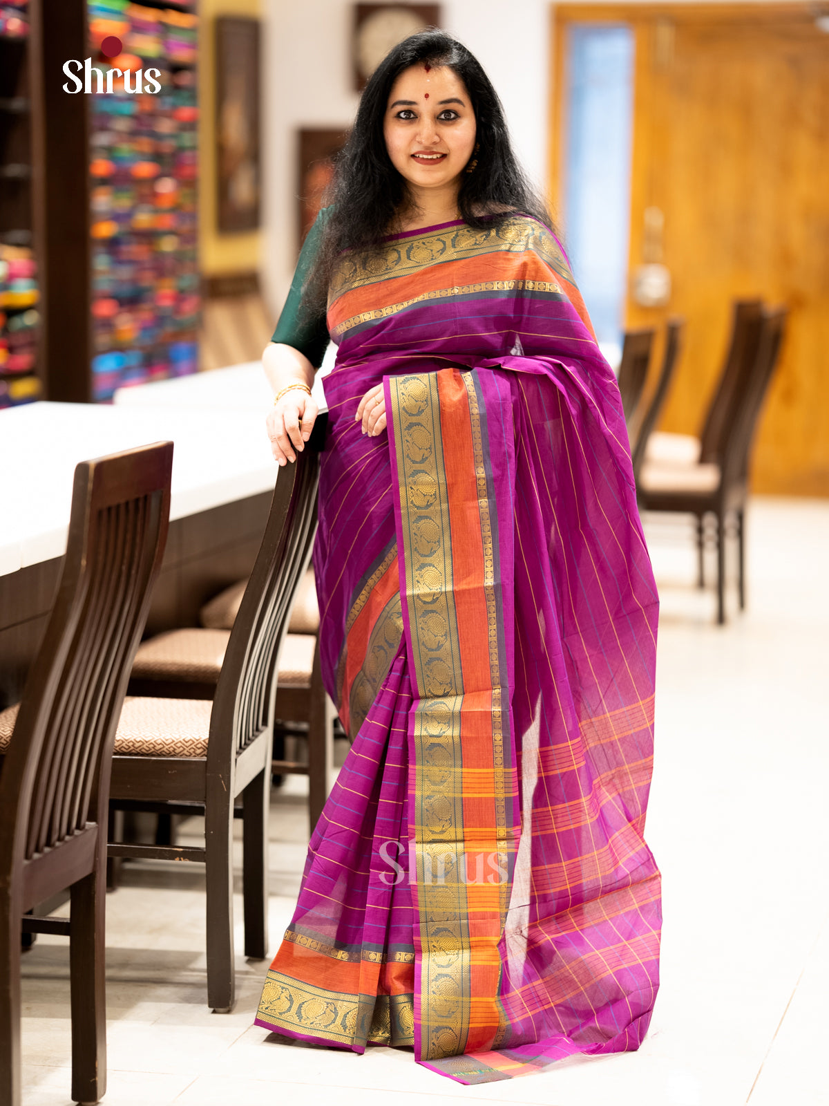 Timeless Purple Chettinad Cotton Sarees With Stripes & Orange Zari Border With Peacock Buttas