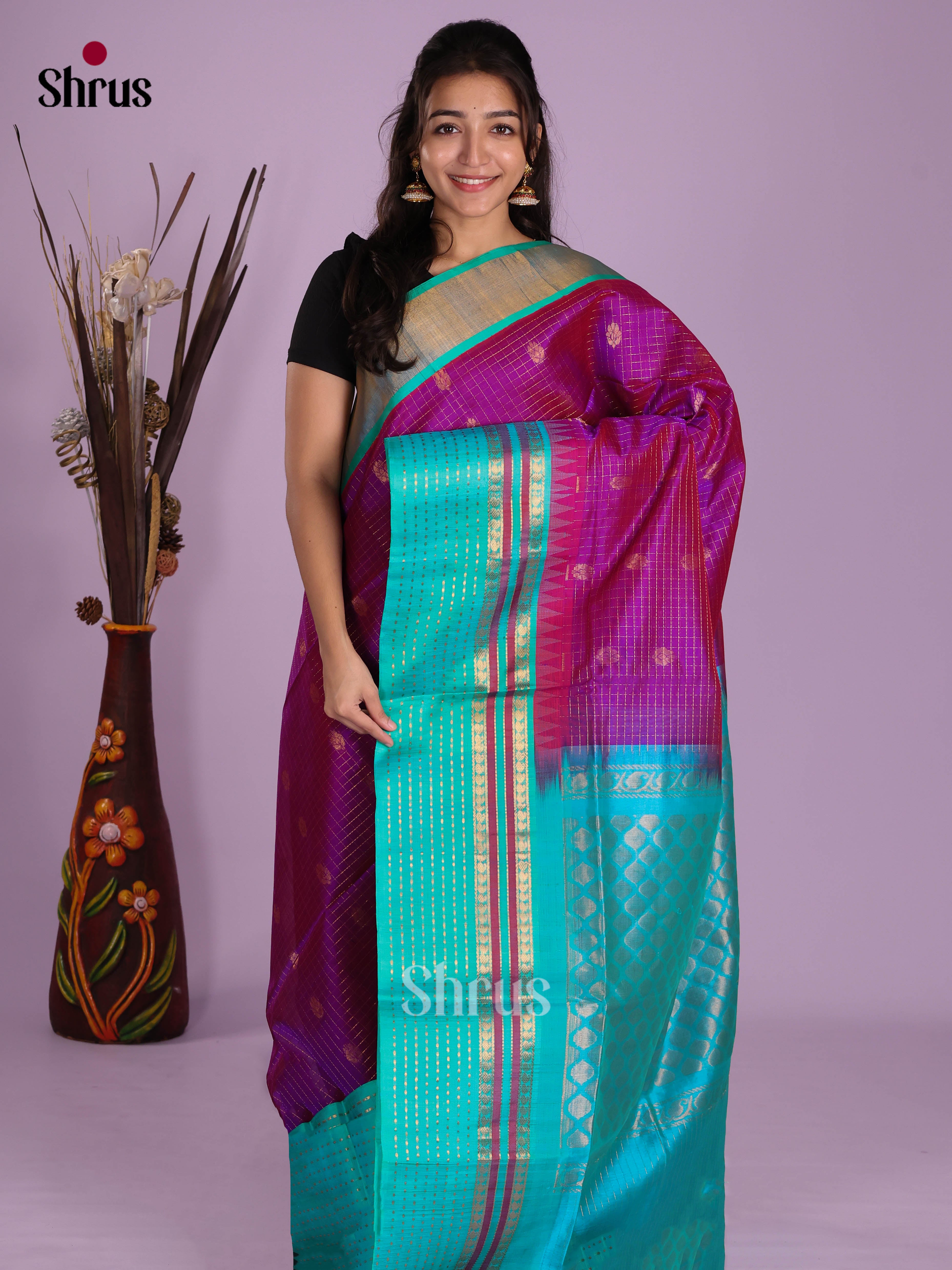 Buy Classy Purple Cotton Silk Saree with Zari Checks, Buttas & Turquoise Brocade Pallu