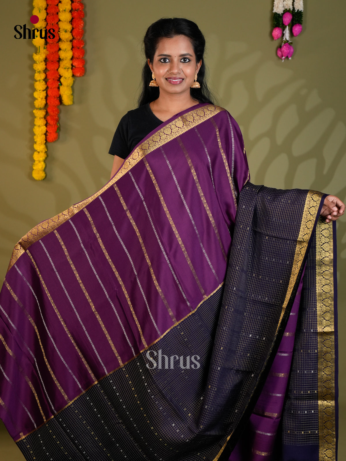 Buy Exquisite Purple Half & Half Mysore Silk Crepe Saree with Gold Stripes, Navy Blue Checks & Zari Pallu