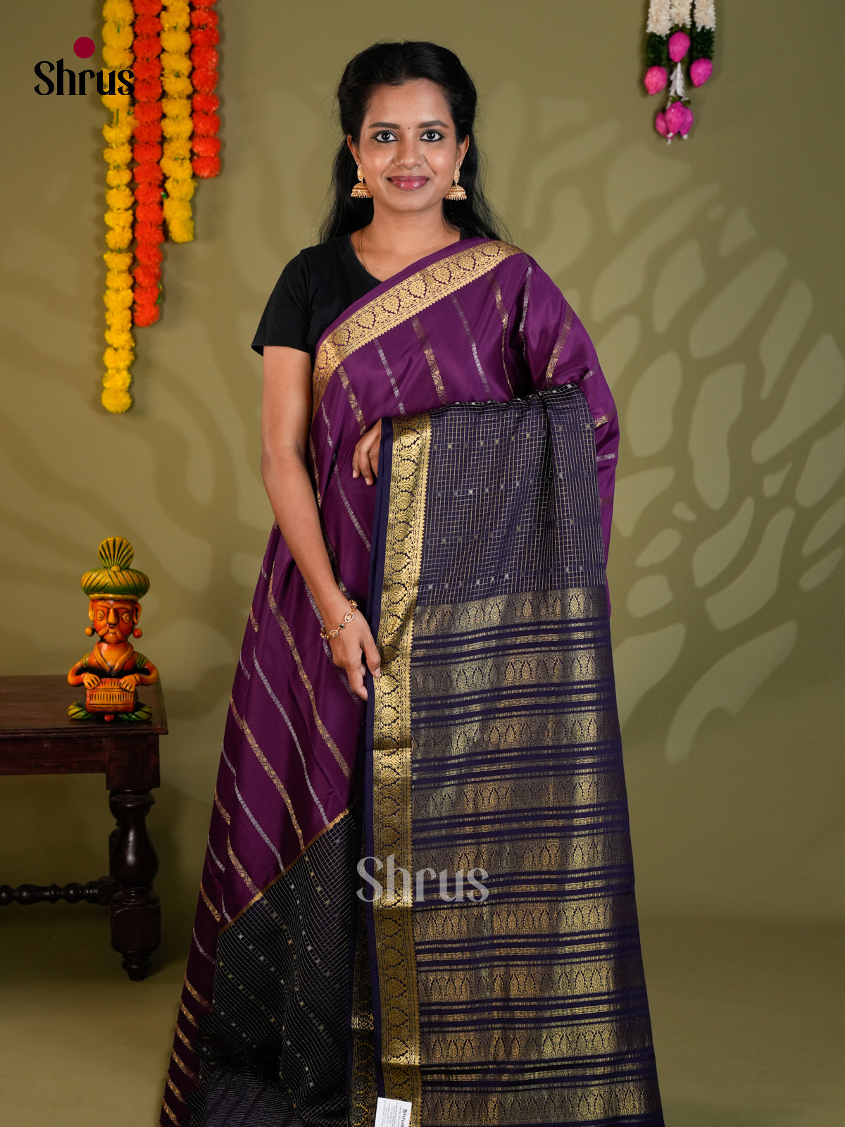 Buy Exquisite Purple Half & Half Mysore Silk Saree with Gold Stripes, Navy Blue Checks & Zari Pallu