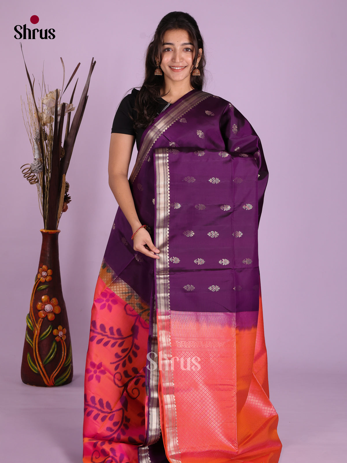 Buy Striking Purple Half & Half Soft Silk Saree With Zari Buttas & Orangish Pink Brocade Pallu