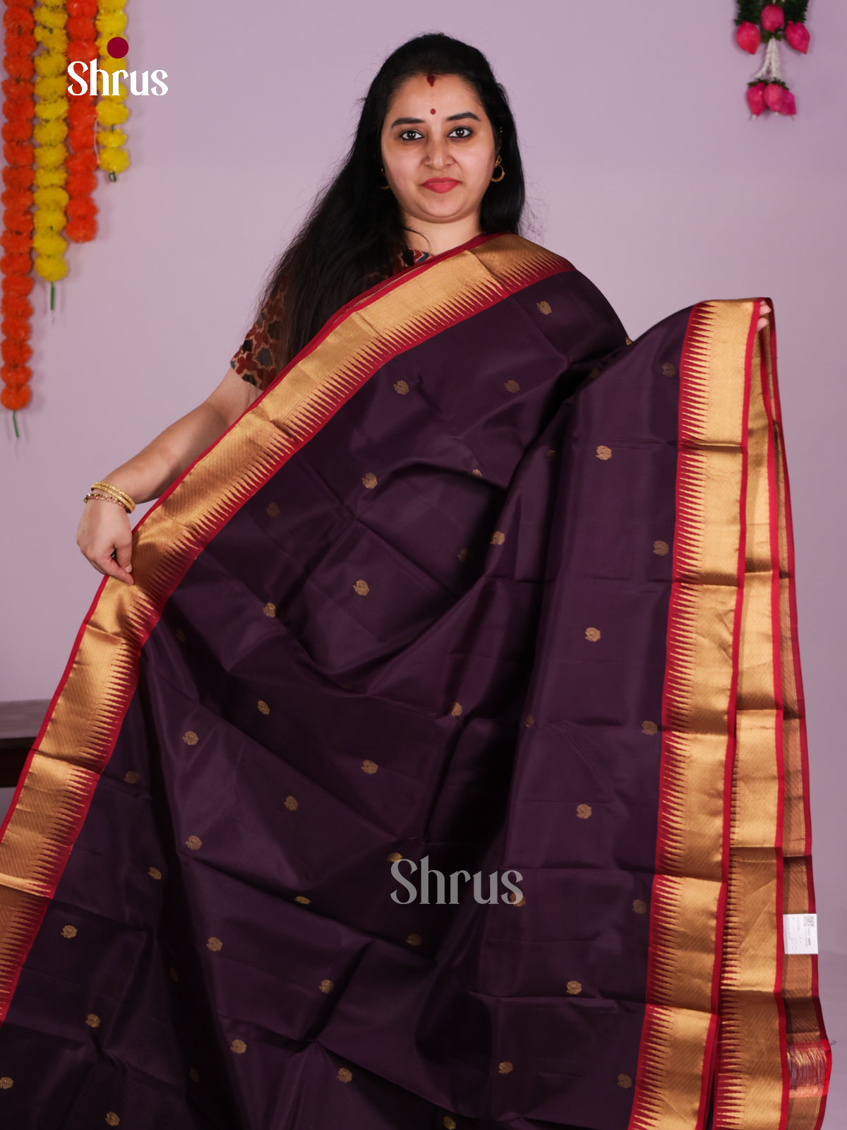 Buy Timeless Purple Kanchipuram Saree With Gold Buttas, Maroon Temple Zari Border & Pallu
