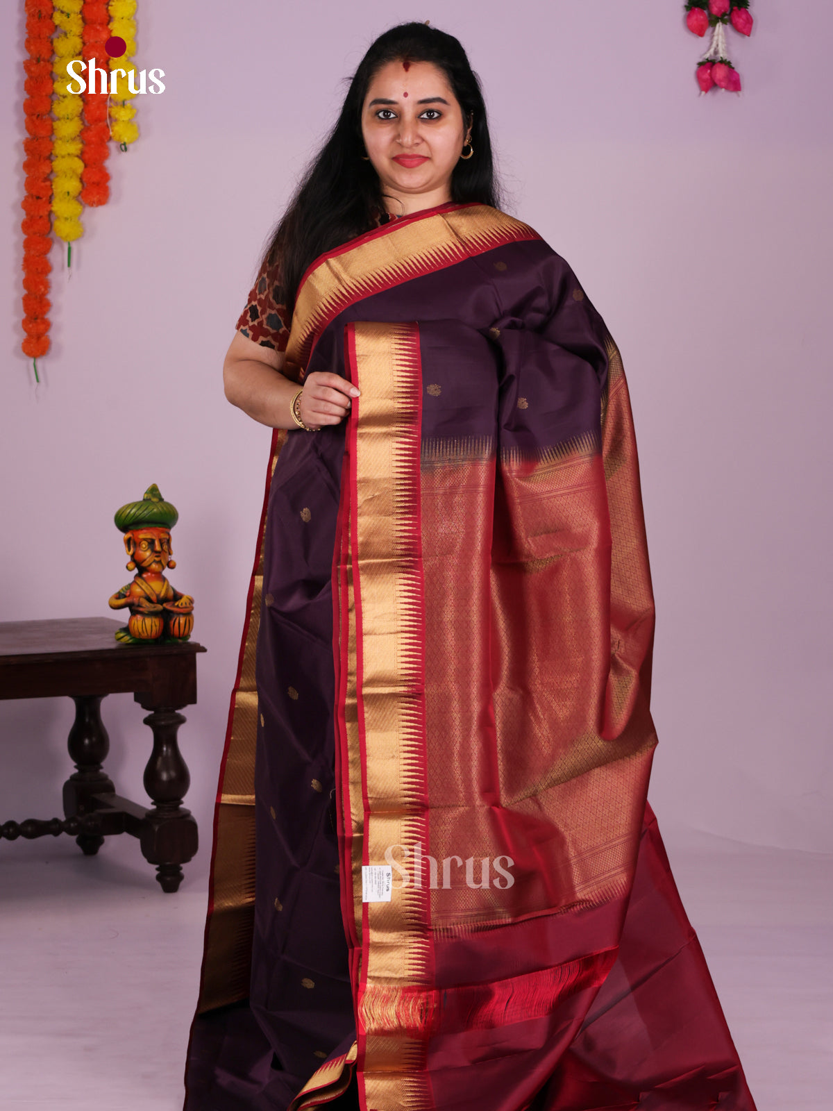 Buy Timeless Purple Kanchipuram Silk Saree With Gold Buttas, Maroon Temple Zari Border & Pallu