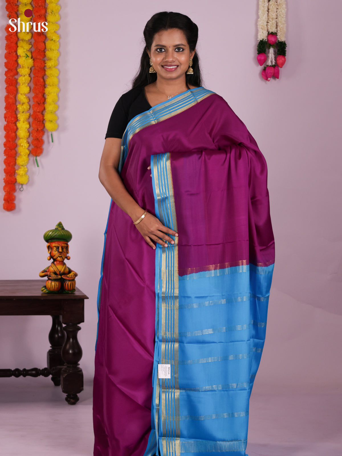 Buy Elegant Purple Mysore Silk Saree With Light Blue Zari Woven Striped Border & Chit Pallu