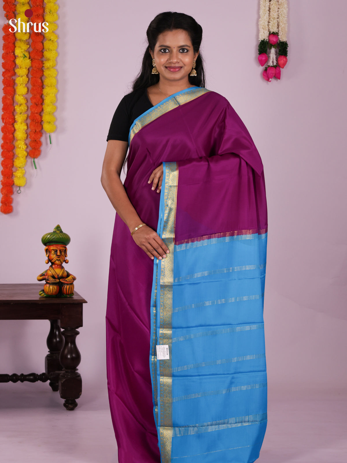 Buy Rich Purple Mysore Silk Saree With Plain Body, Sky Blue Zari Border & Chit Pallu