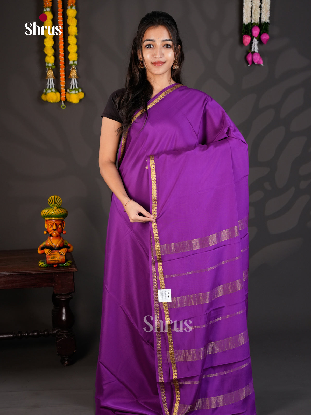Buy Exquisite Purple Mysore Silk Saree With Zari Border With Mango Motifs & Chit Pallu