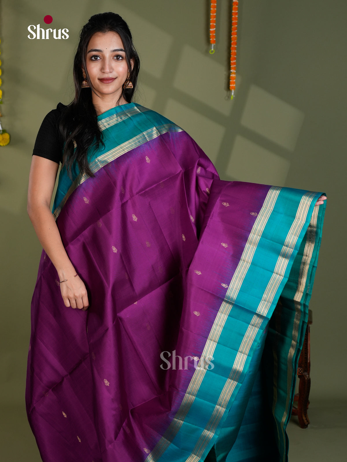 Buy Exquisite Purple Pure Soft Silk Saree With Gold Buttas & Sky Blue Rettaipet Zari Border