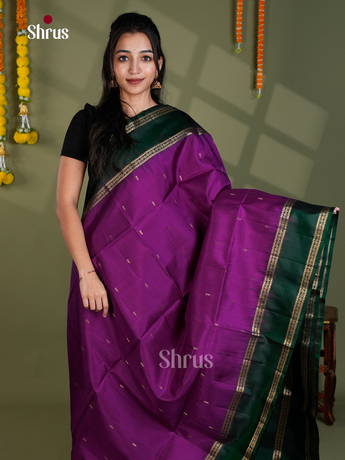 Buy Pretty Purple Pure Soft Silk Saree With Small Buttas, Green Rettaipet Zari Border & Brocade Pallu