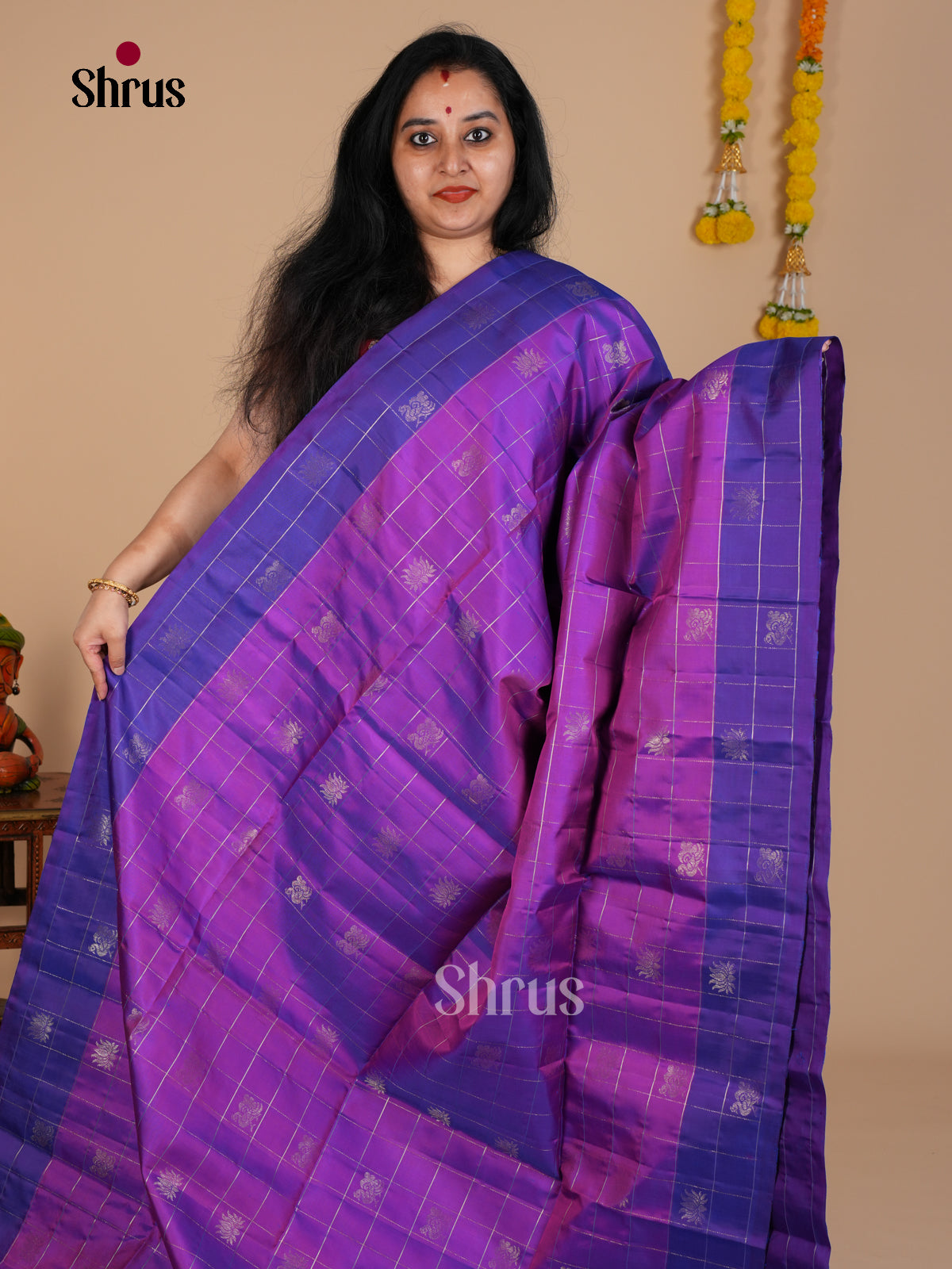 Buy Vivid Purple Pure Soft Silk Saree With Zari Woven Checks, Floral Buttas & Violet Border & Brocade Pallu