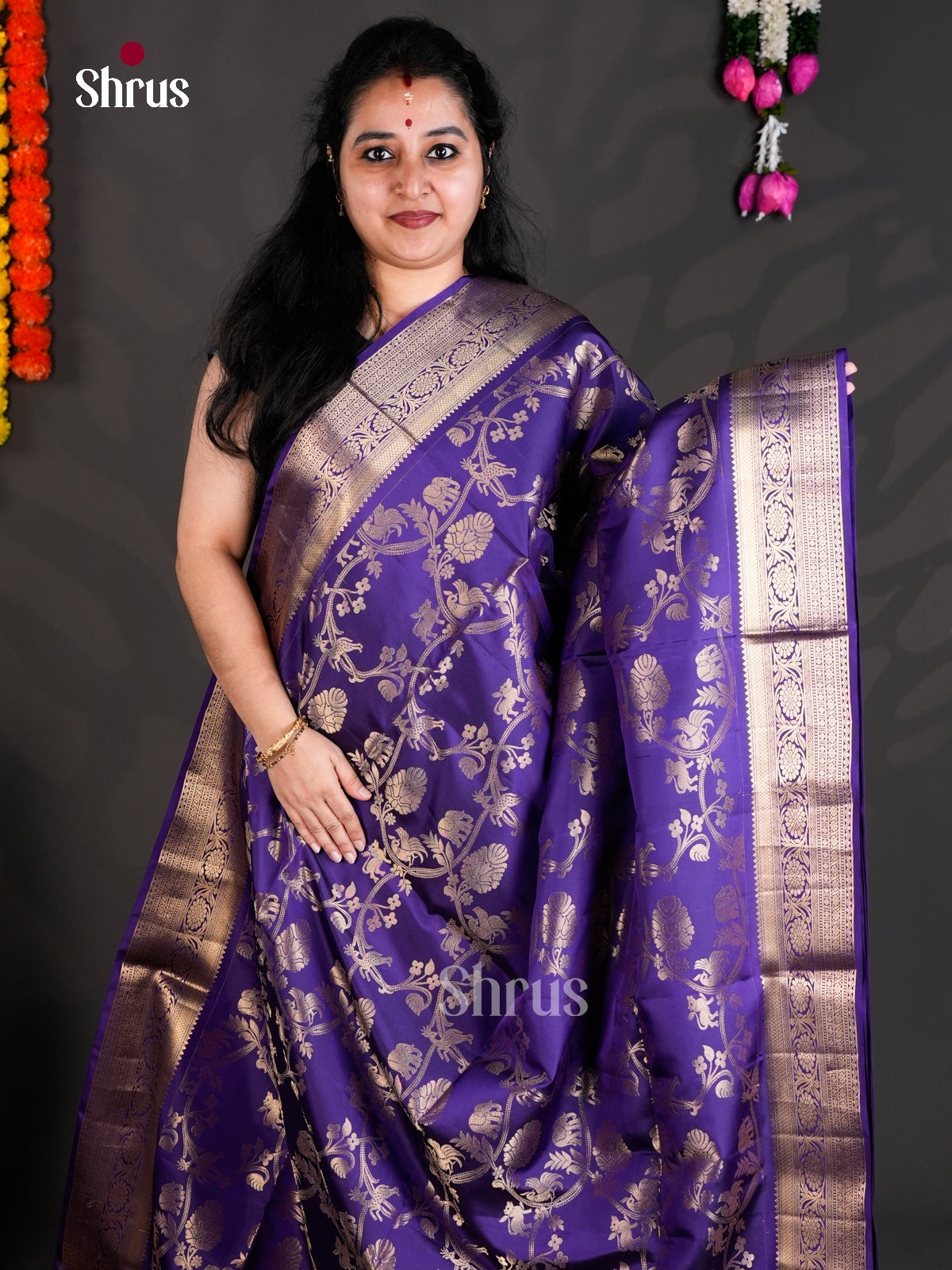 Buy Vibrant Purple Pure Soft Silk Saree with Golden Floral Vines, Zari Border & Brocade Pallu