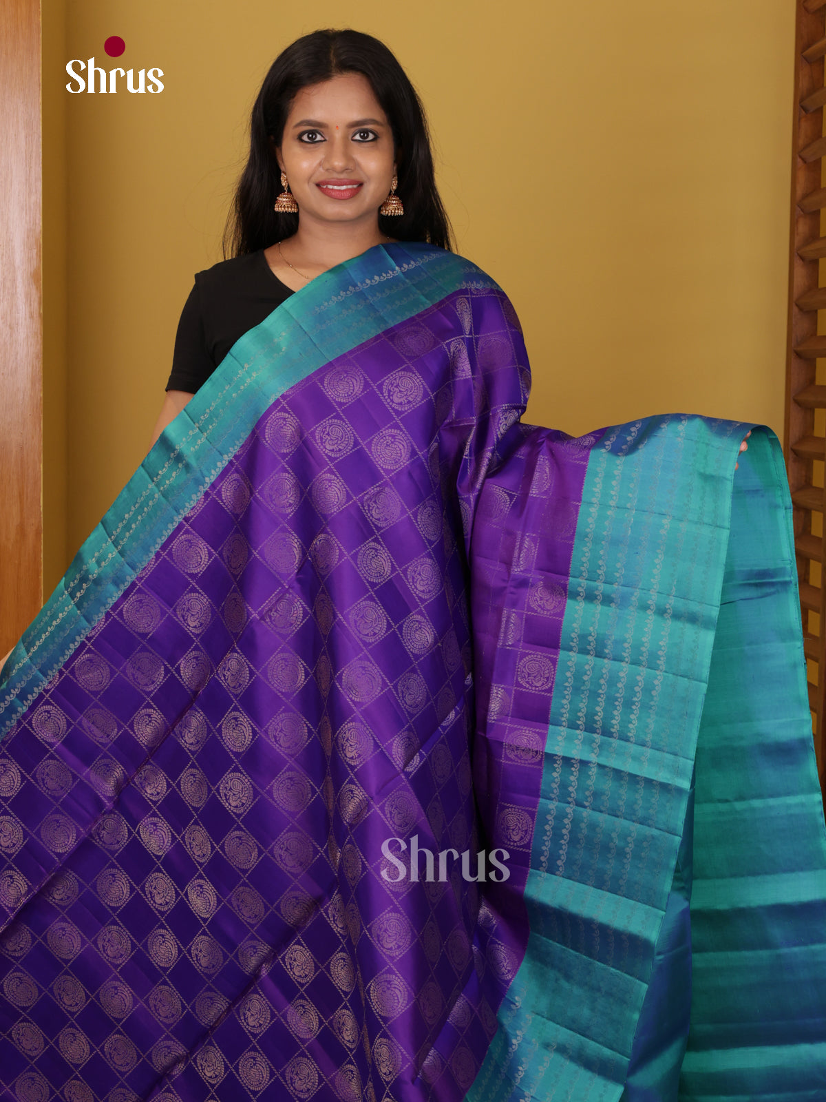 Buy Exquisite Purple Pure Soft Silk Saree with Zari Checks, Annapakshi Motifs & Teal Blue Brocade Pallu