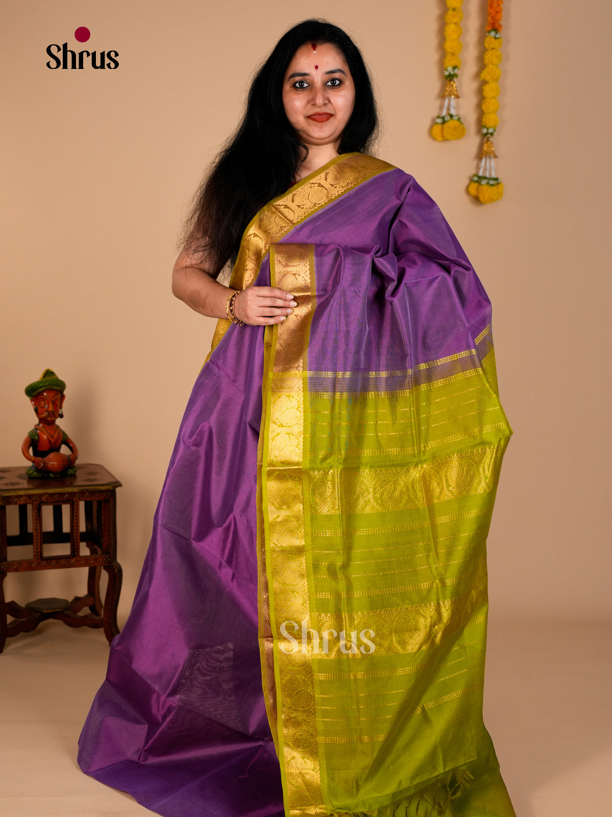 Buy Regal Purple Silk Cotton Saree With Lime Green Zari Border & Traditional Pallu