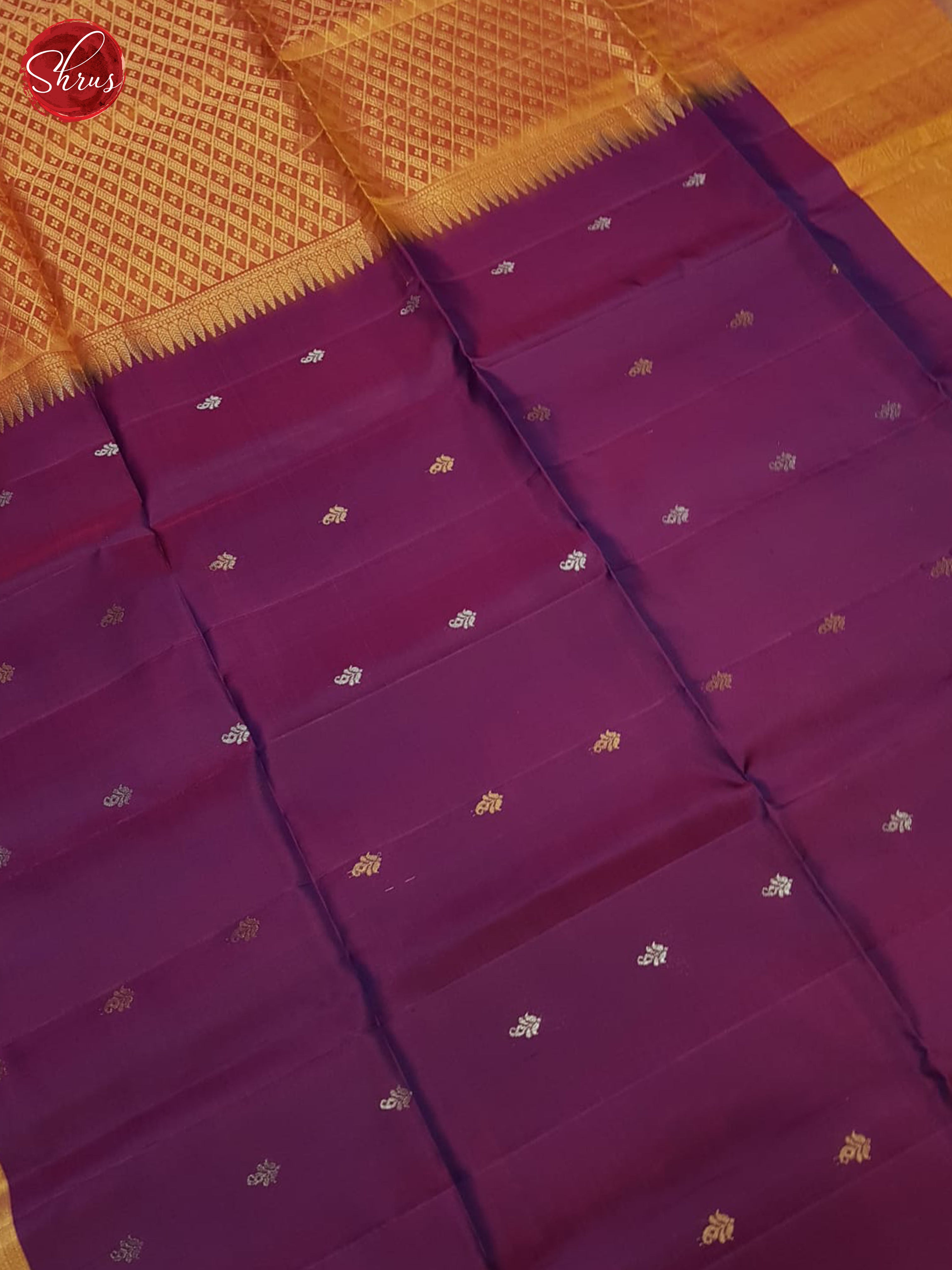 Stunning Purple Silk Saree With Small Buttas, Mustard Broad Zari Border & Brocade Pallu