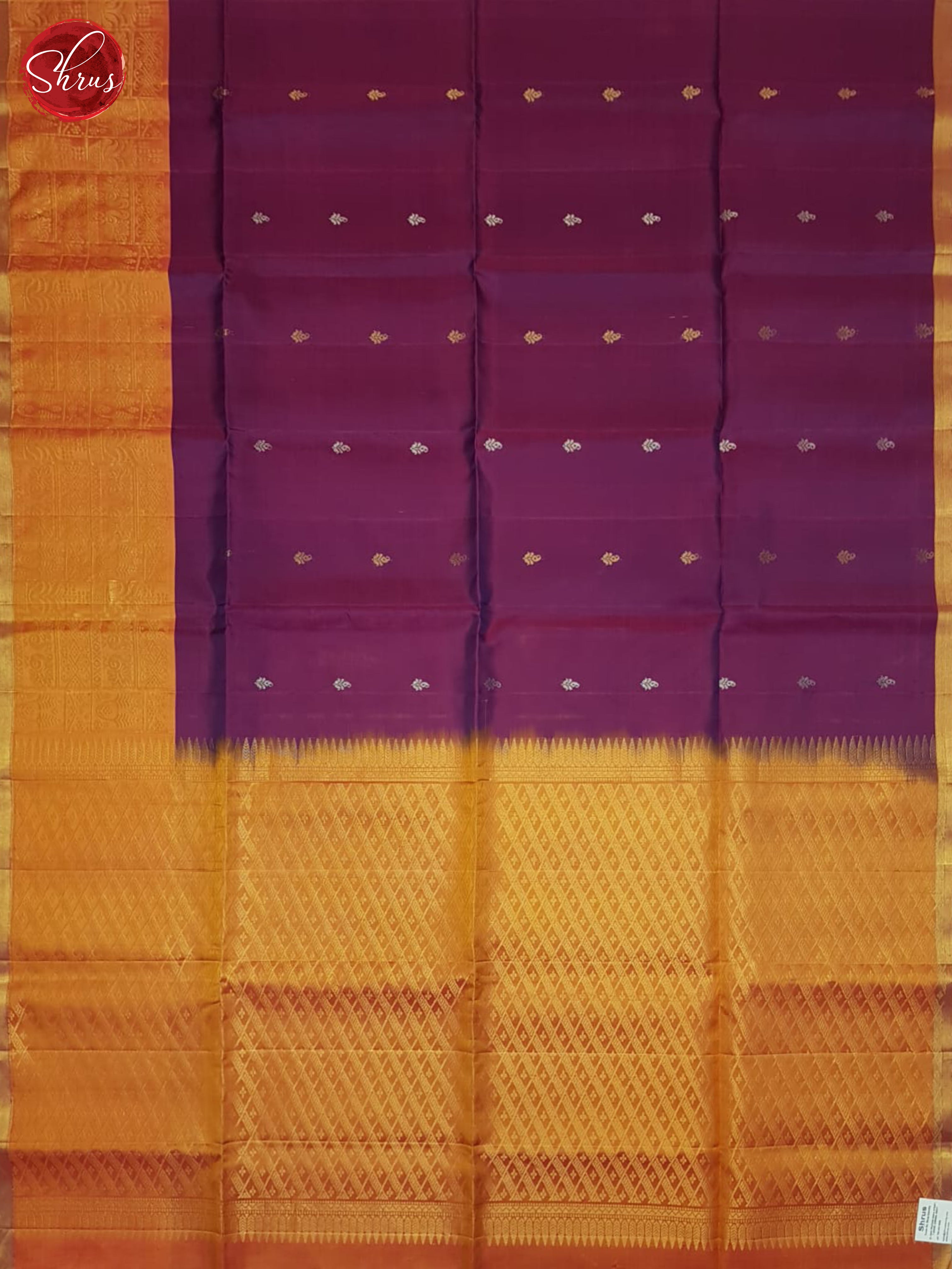 Stunning Purple Silk Sarees With Small Buttas, Mustard Broad Zari Border & Brocade Pallu