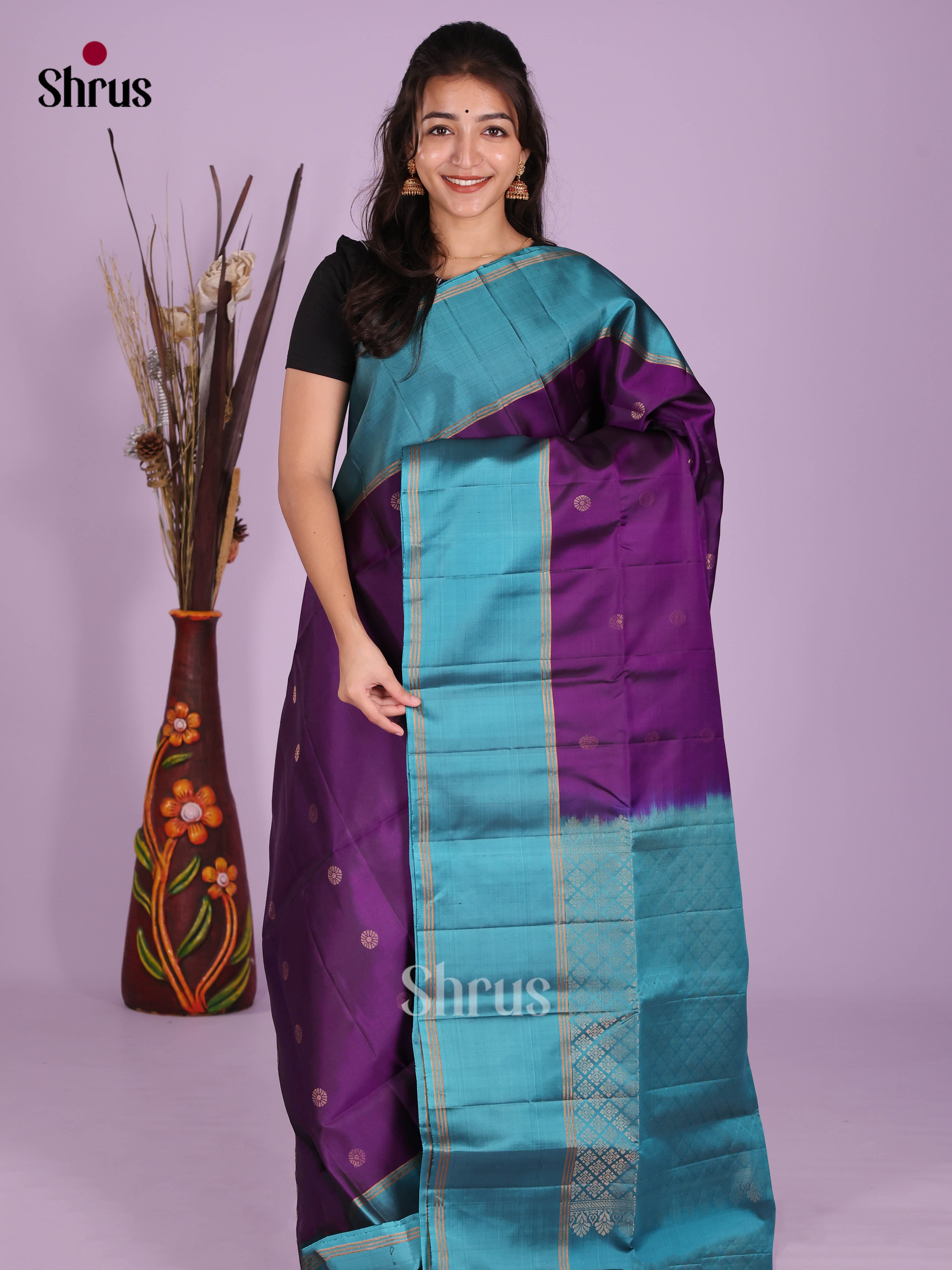 Buy Opulent Purple Soft Silk Saree With Golden Buttas, Teal Blue Border & Brocade Pallu